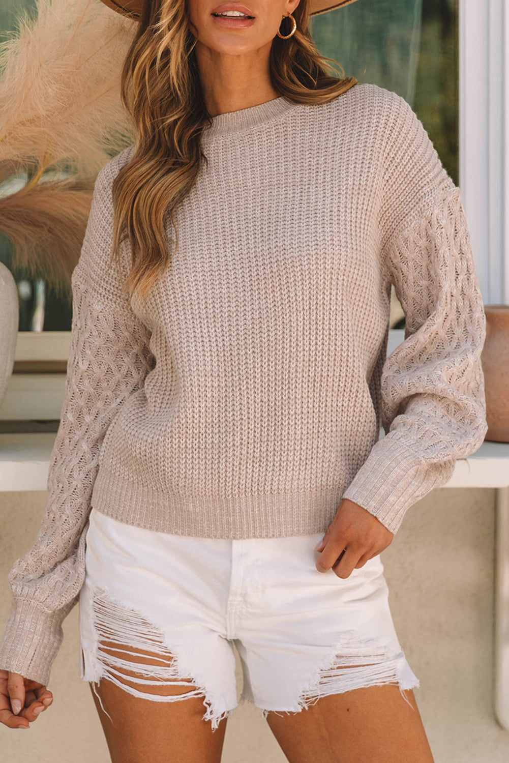 Parchment Cable Knit Sleeve Drop Shoulder Sweater eAura