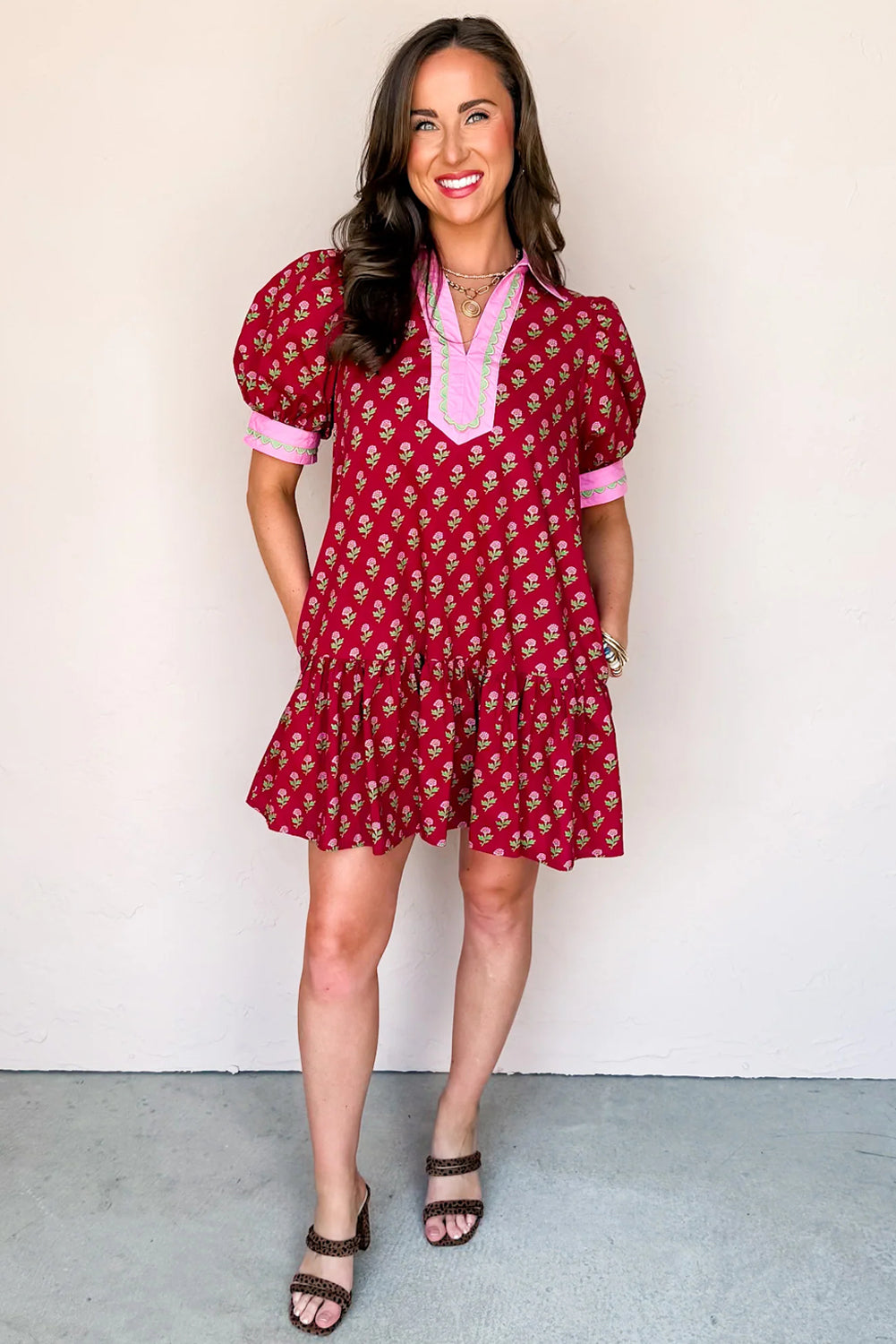 Red Floral Print Contrasted V-Neck Short Bubble Sleeve Mini Dress