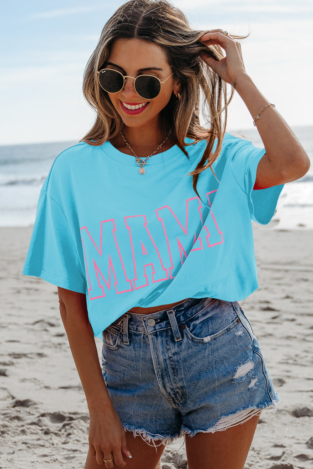 Light Blue MAMA Letter Graphic Neon T Shirt - eAura