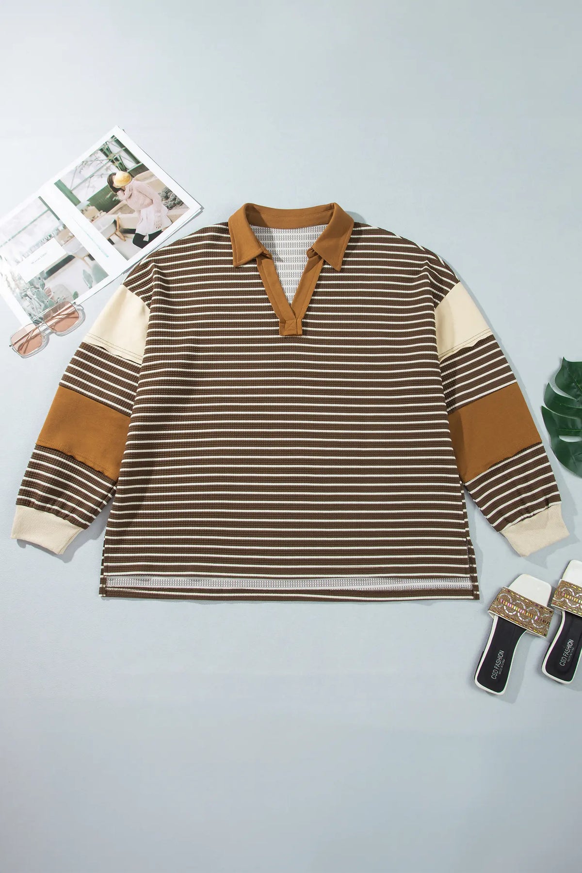 Colourblock Detail Collar V Neck Plus Size Long Sleeve Top – Brown Stripe