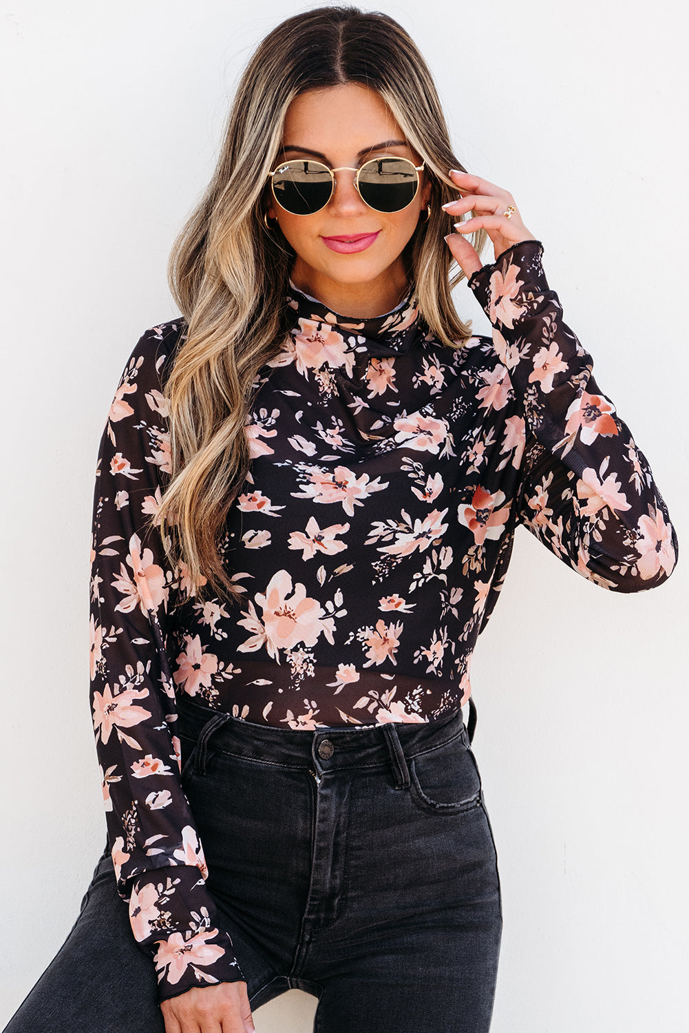 Black Floral Mesh Mock Neck Long Sleeve Slim Fit Top eAura