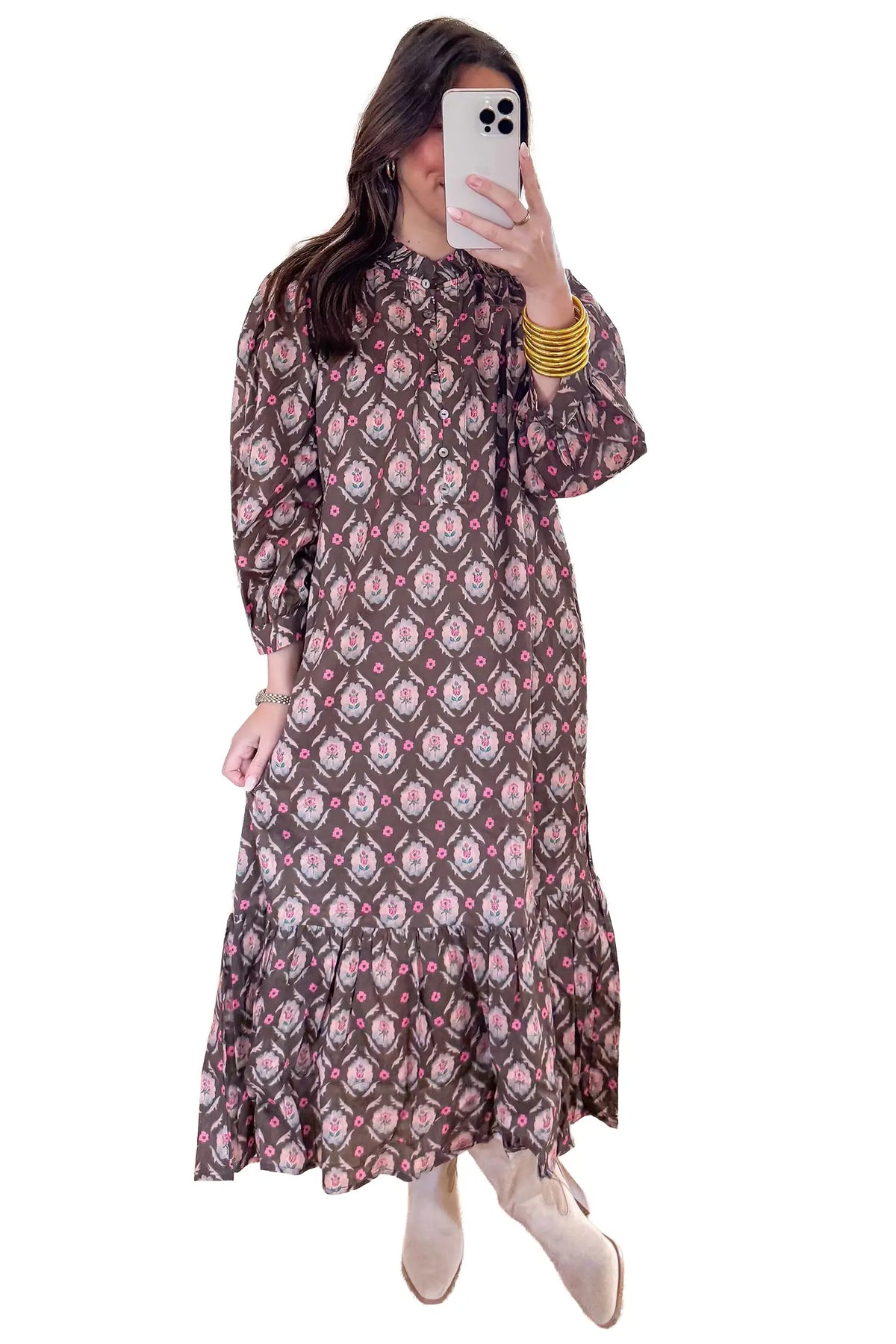 Floral Print Button Front Ruffle Hem Midi Dress – Brown