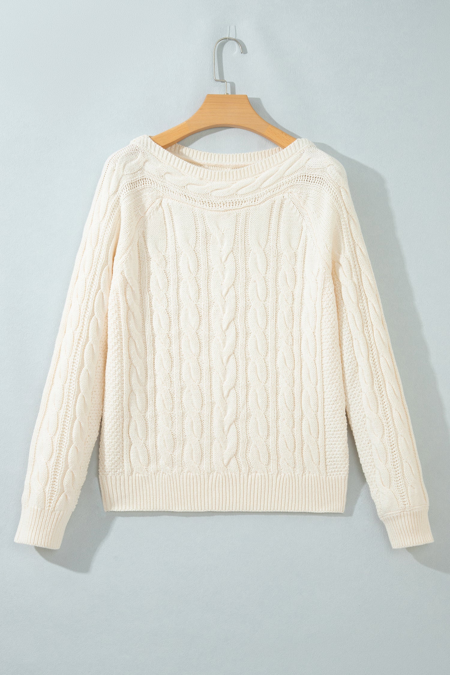 Drop Shoulder Round Neck Cable Knit Sweater – Beige