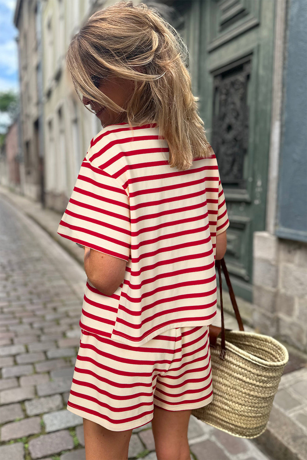 Red Stripe Lace-up Front Top and High Waist Shorts Set eAura