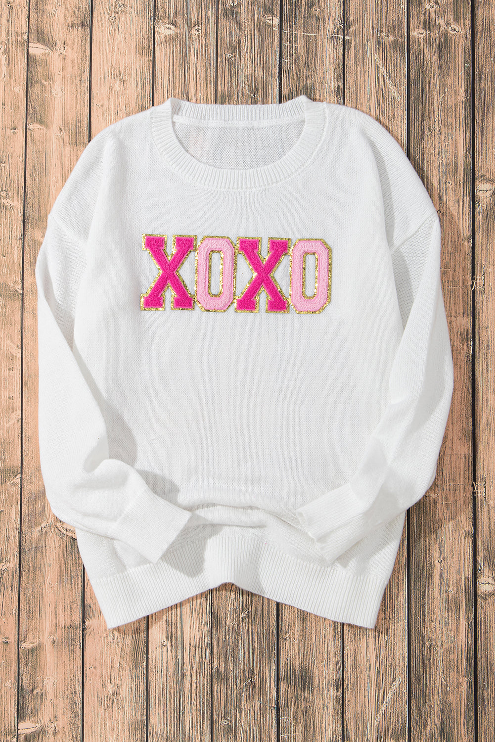 White XOXO Glitter Print Round Neck Casual Sweater eAura