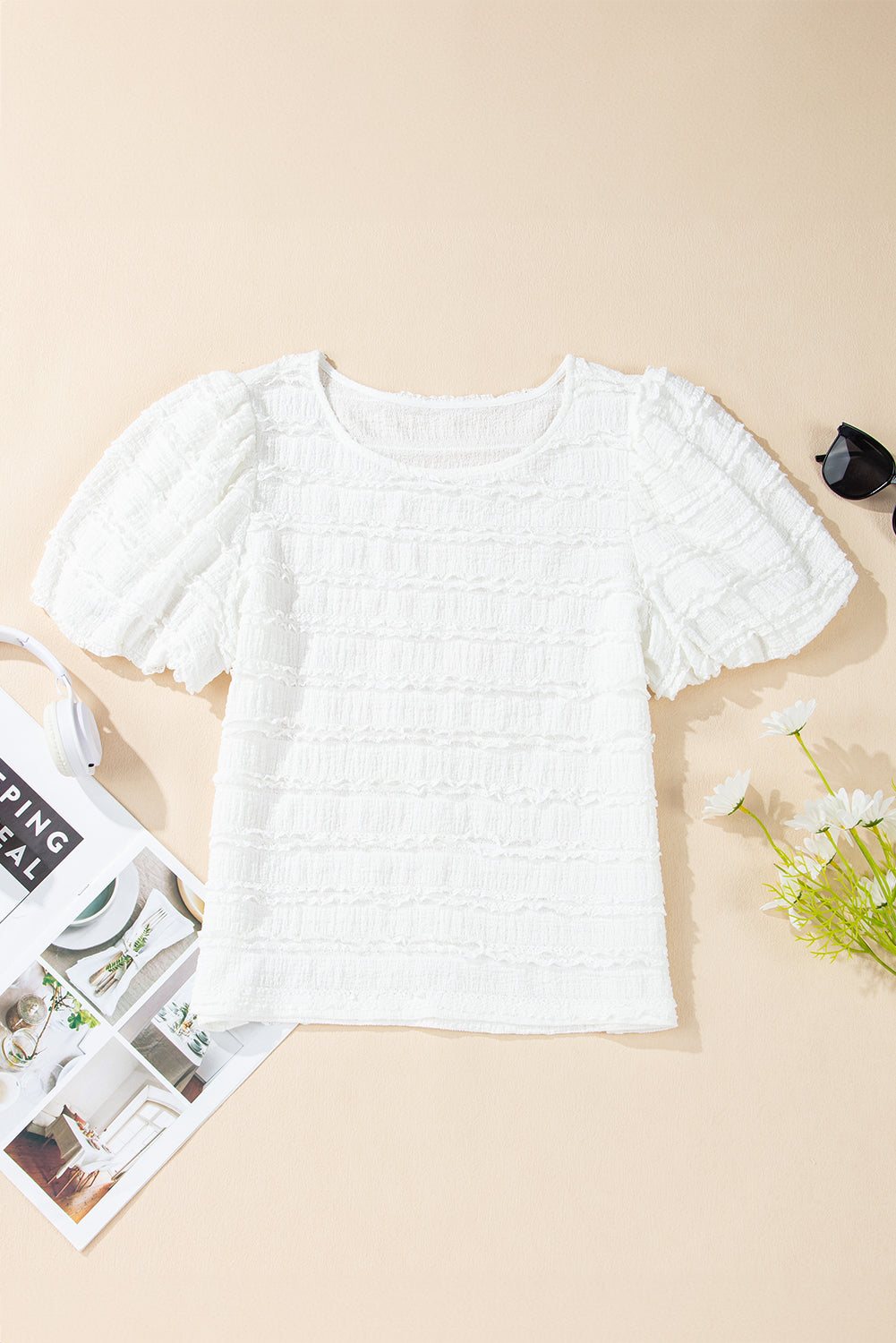 White Frilled Lace Trim Bubble Sleeve Blouse eAura