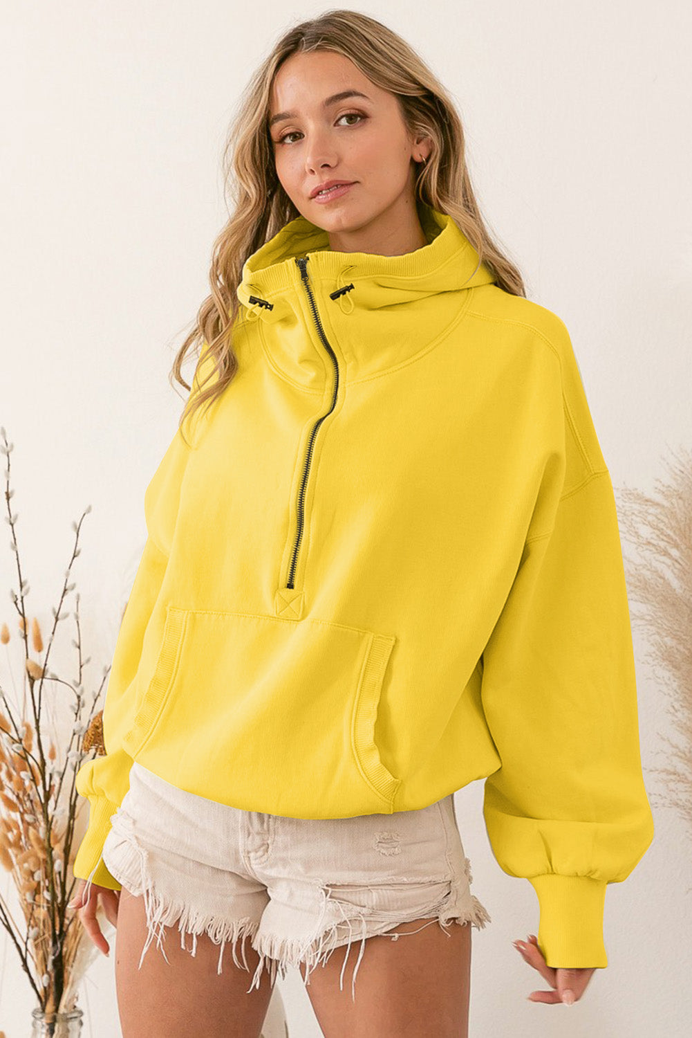 Beige Ribbed Trim Kangaroo Pocket Zipped Hoodie eAura