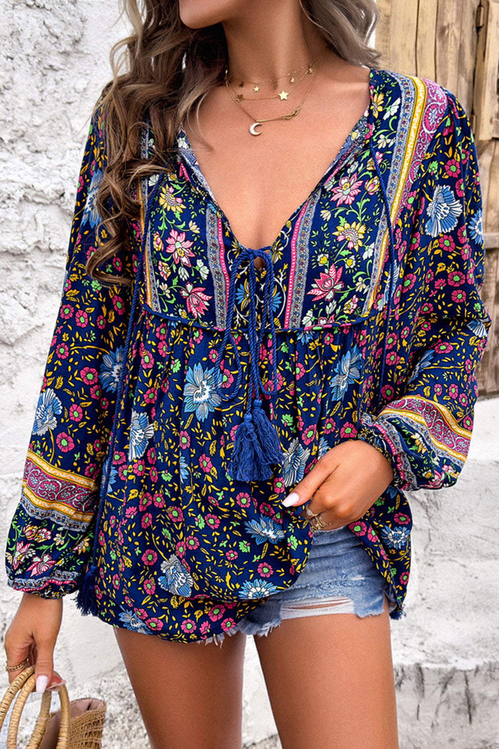 Traditional Print Tassel Tie Front Blouse - eAura