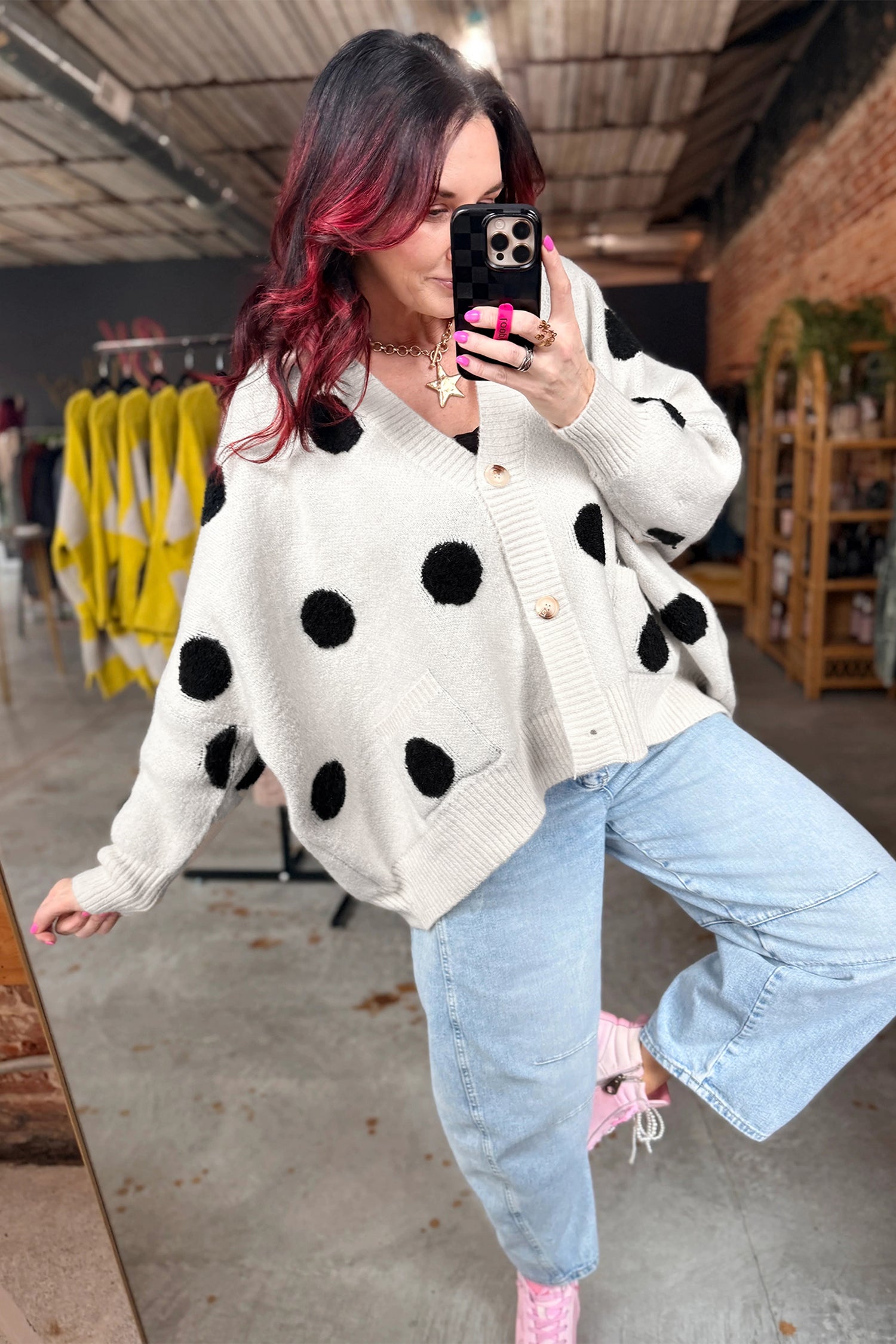 Polka Dot Button Front Oversized V Neck Cardigan – Beige