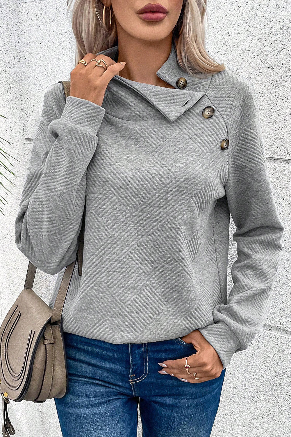 Asymmetric Buttons Detail High Neck Textured Sweatshirt eAura
