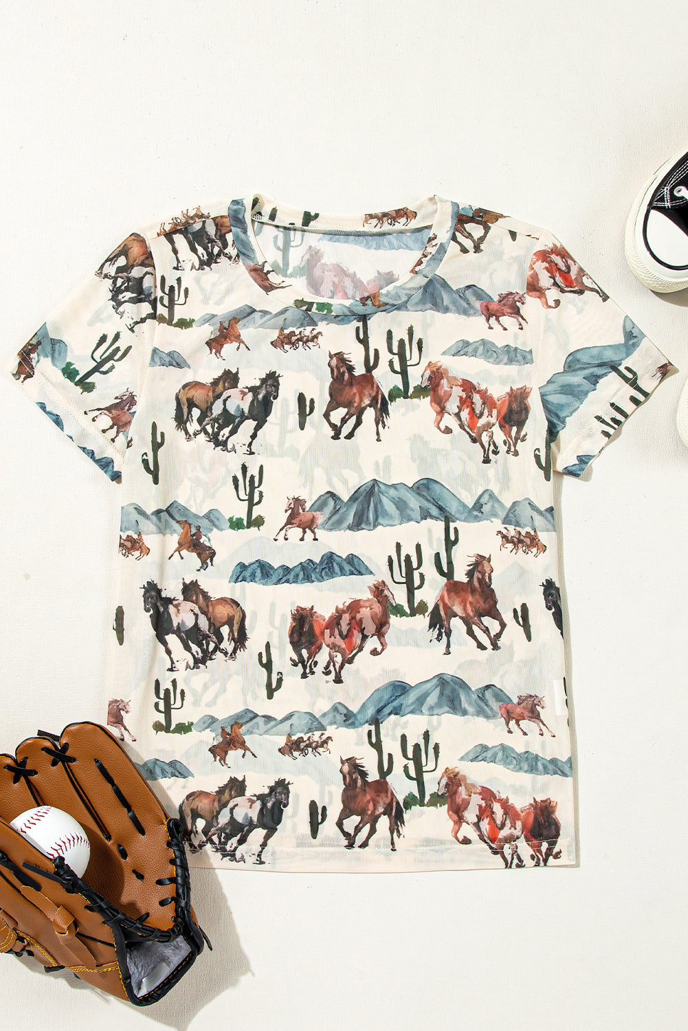 Beige Western Fashion Mustang River Printed Mesh T Shirt eAura