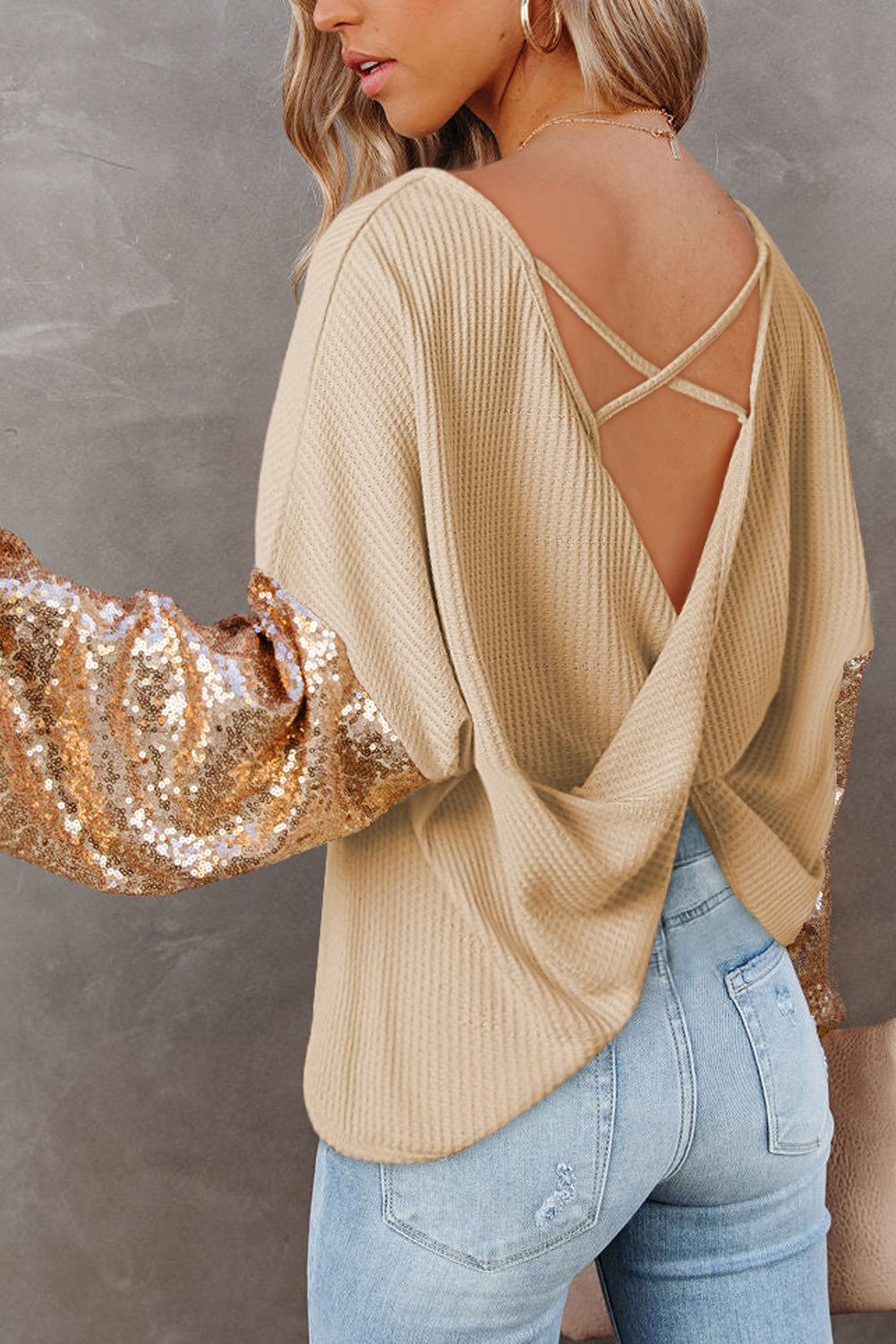 Apricot Sequin Patchwork Sleeve Open Back Waffle Knit Top eAura
