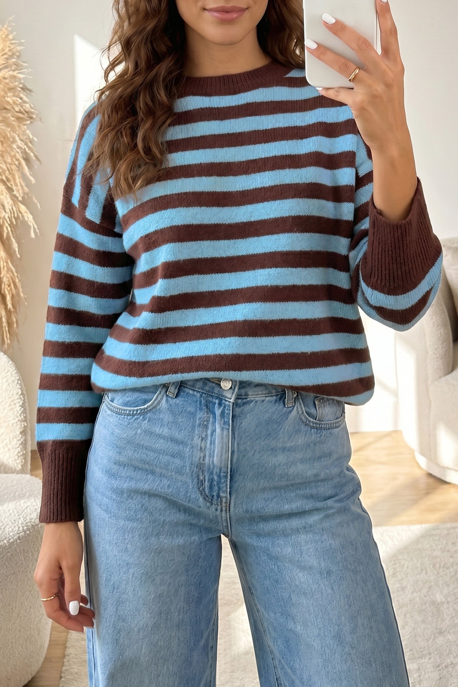 Color Block Loose Crew Neck Cuffed Sweater – Brown Stripe