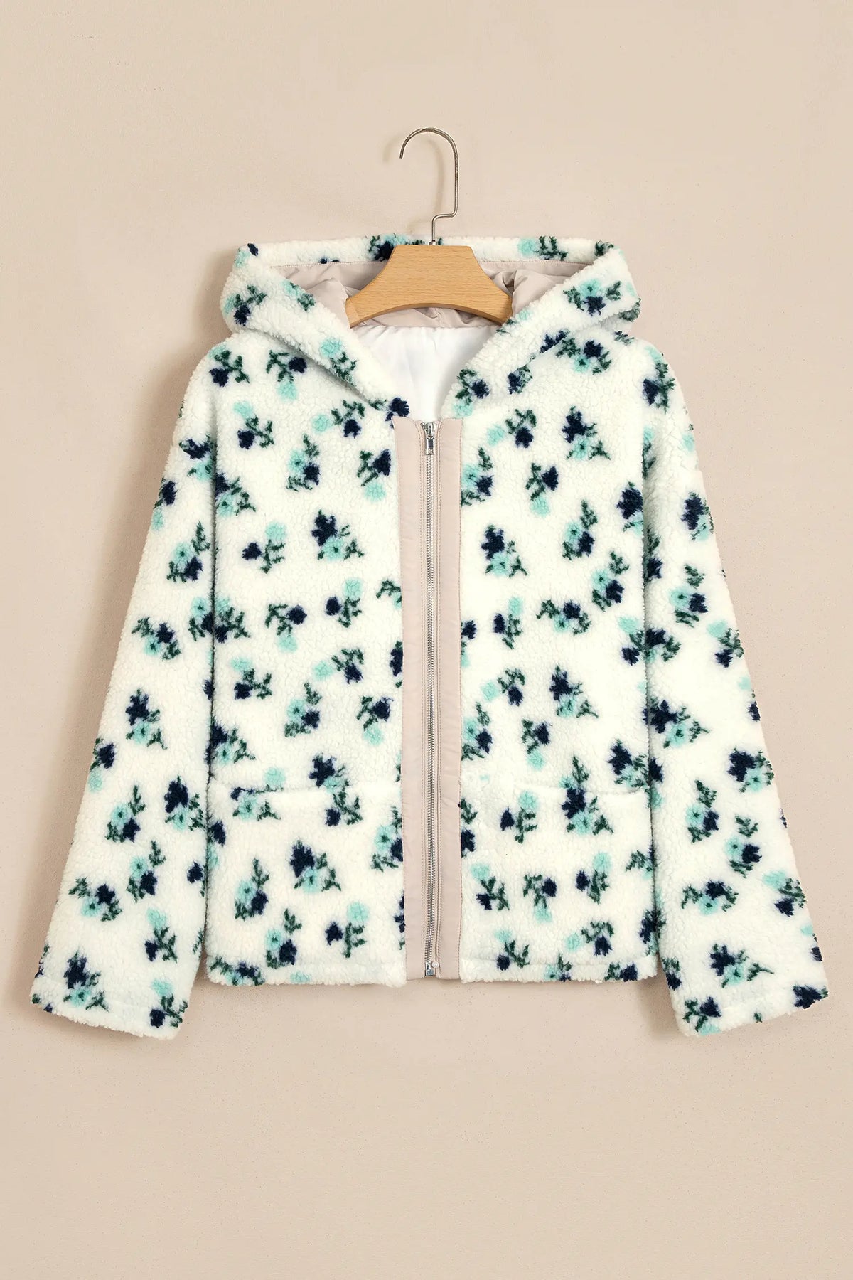 White Floral Print Faux Fur Hooded Metal Zip-up Winter Jacket