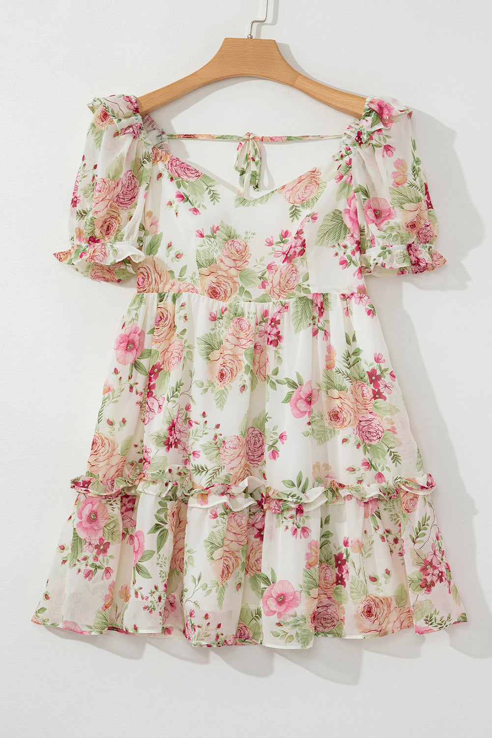 White Vibrant Floral Bubble Sleeve Sweetheart Neck Ruffle Mini Dress eAura