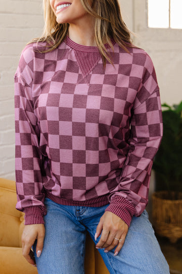 Ribbed Trim Checkered Print Long Sleeve Pullover Top – Red