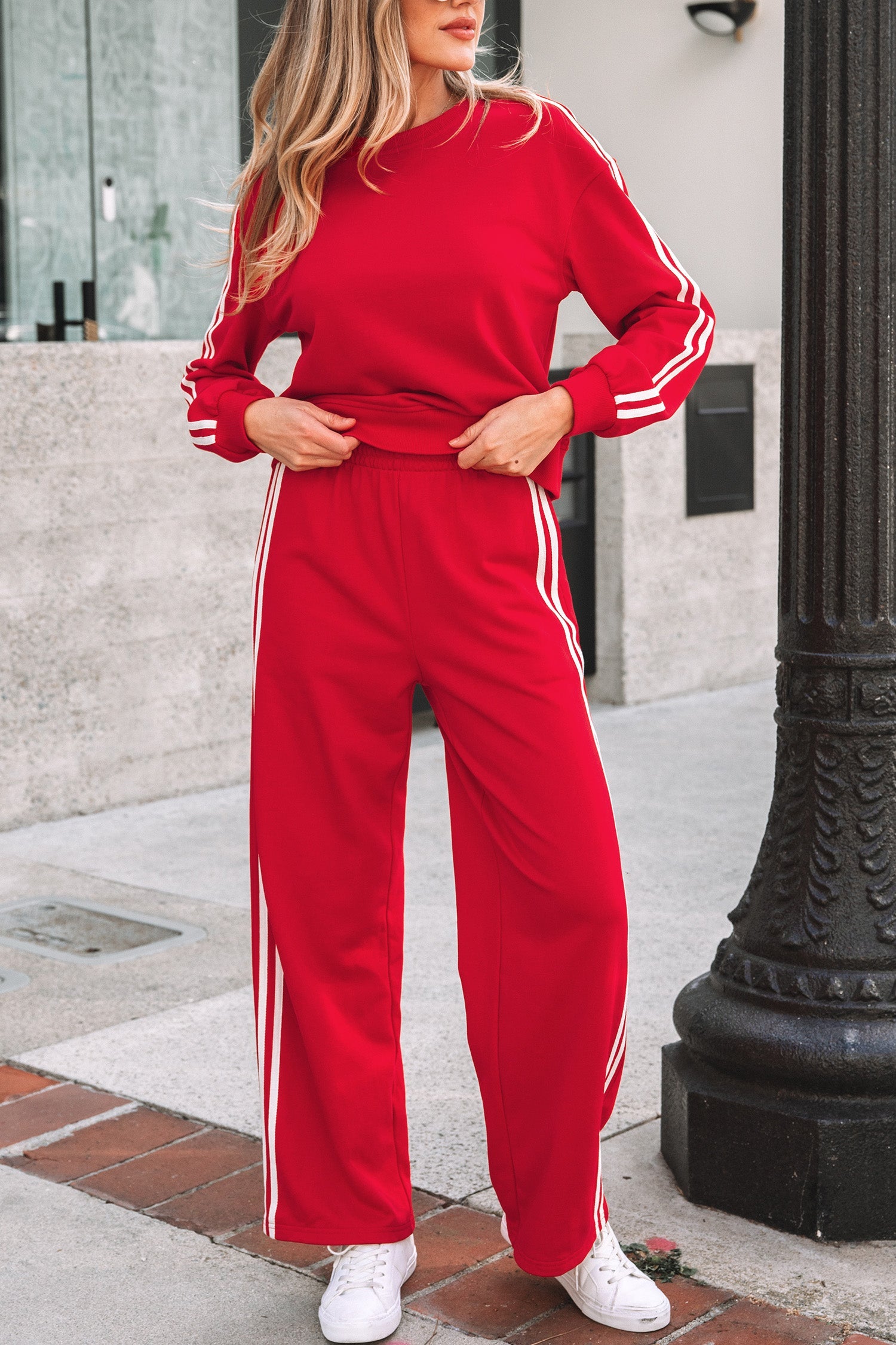 Varsity Striped Detail Crewneck Pullover Elastic Sweatpants 2pcs Co-ord - Two Piece Sets/Pant Sets