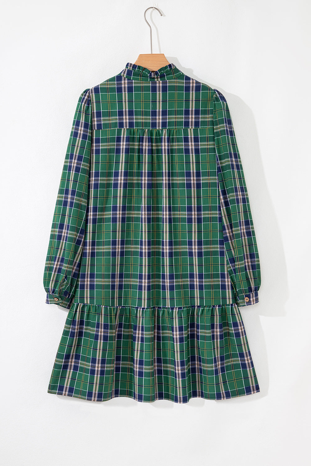 Green Plaid Print Frilly Collar Long Sleeve Shift Mini Dress eAura