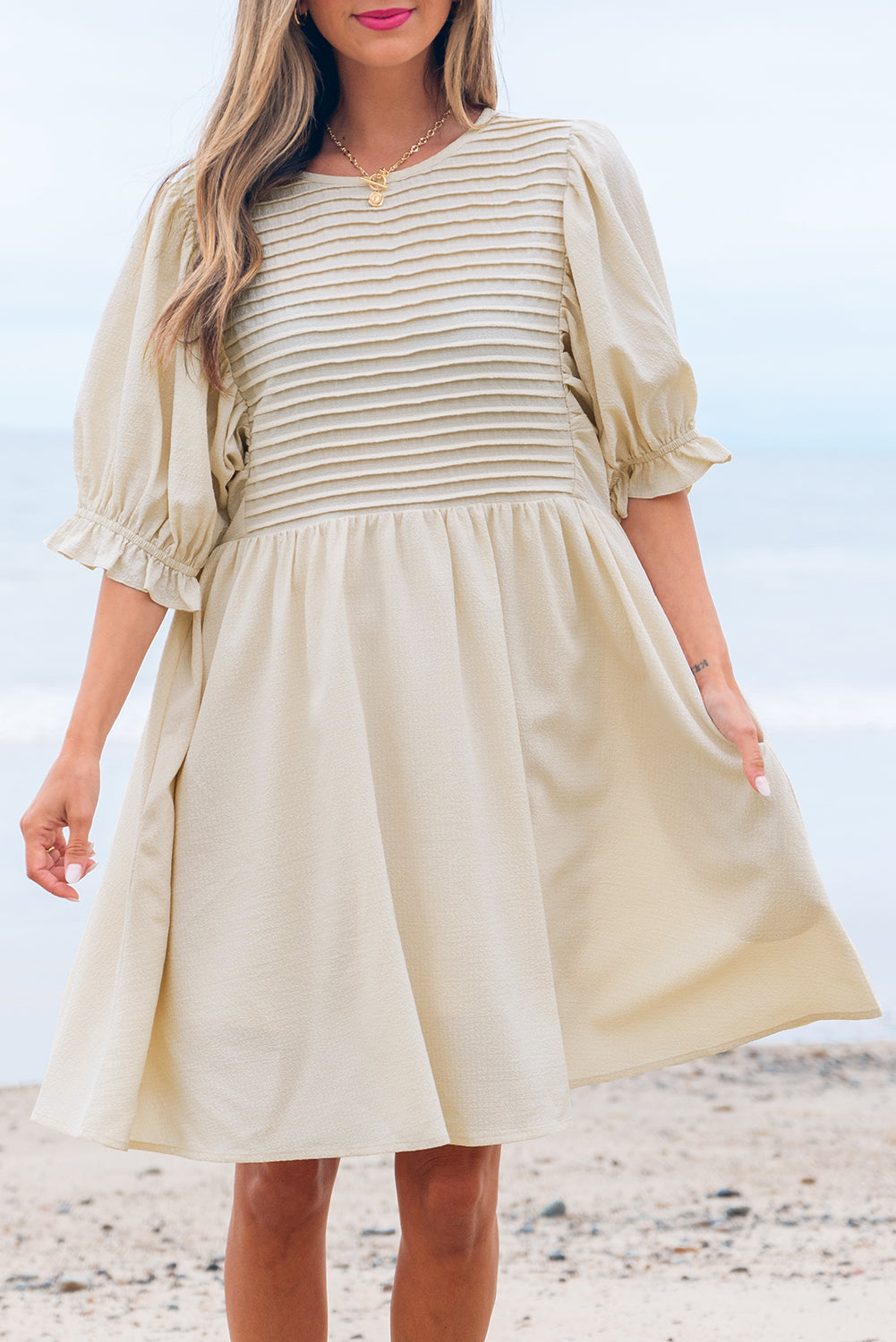 White Textured Ruffled Puff Sleeve Oversized Dress eAura