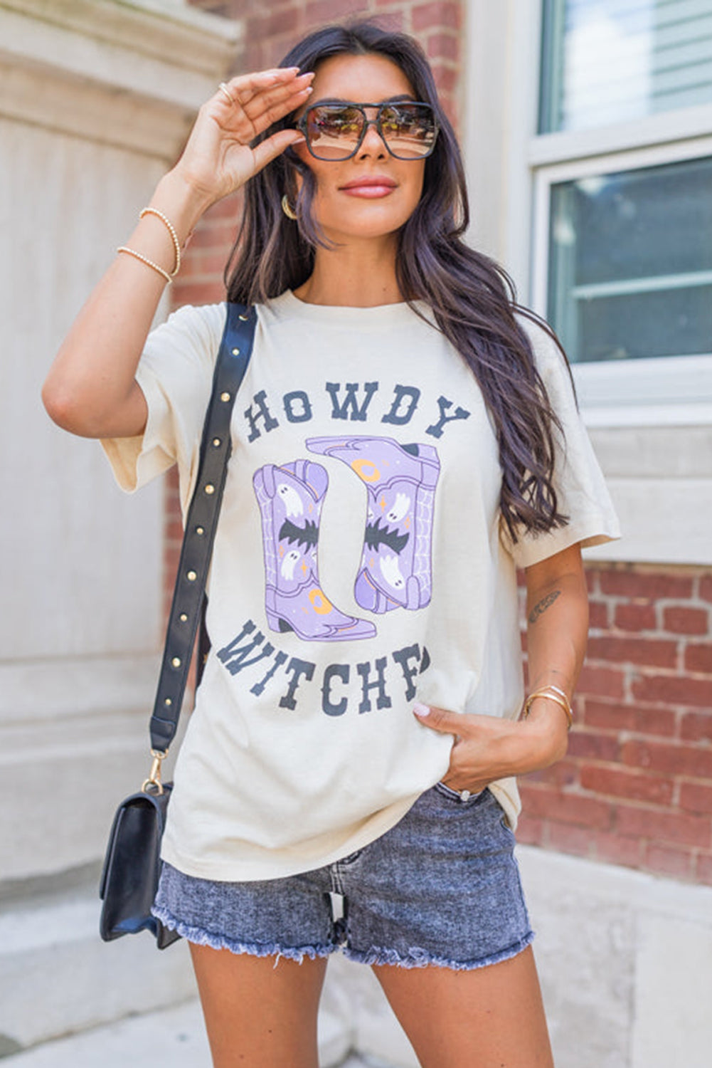 White HOWDY WITCHES Boots Crewneck T-Shirt