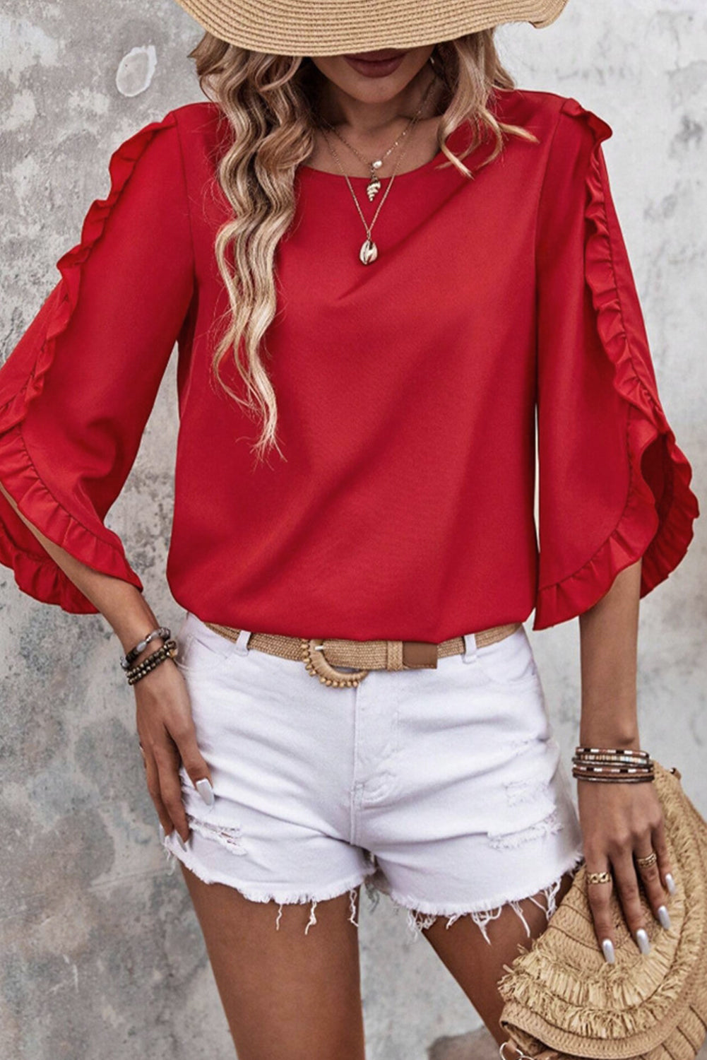 Ruffle Trimmed 3/4 Sleeve Round Neck Blouse eAura