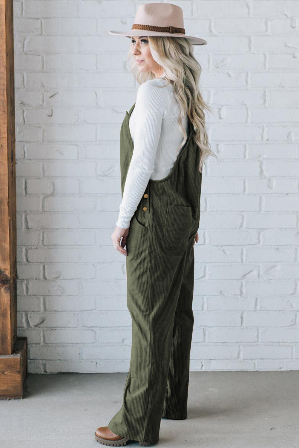 Button Adjustable Straps Solid Color Corduroy Jumpsuit – Jungle Green