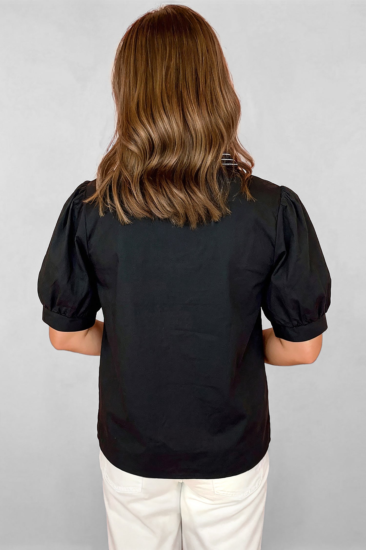 Short Puff Sleeve Contrast Embroidered Detail V-Neck Blouse - Tops/Blouses & Shirts