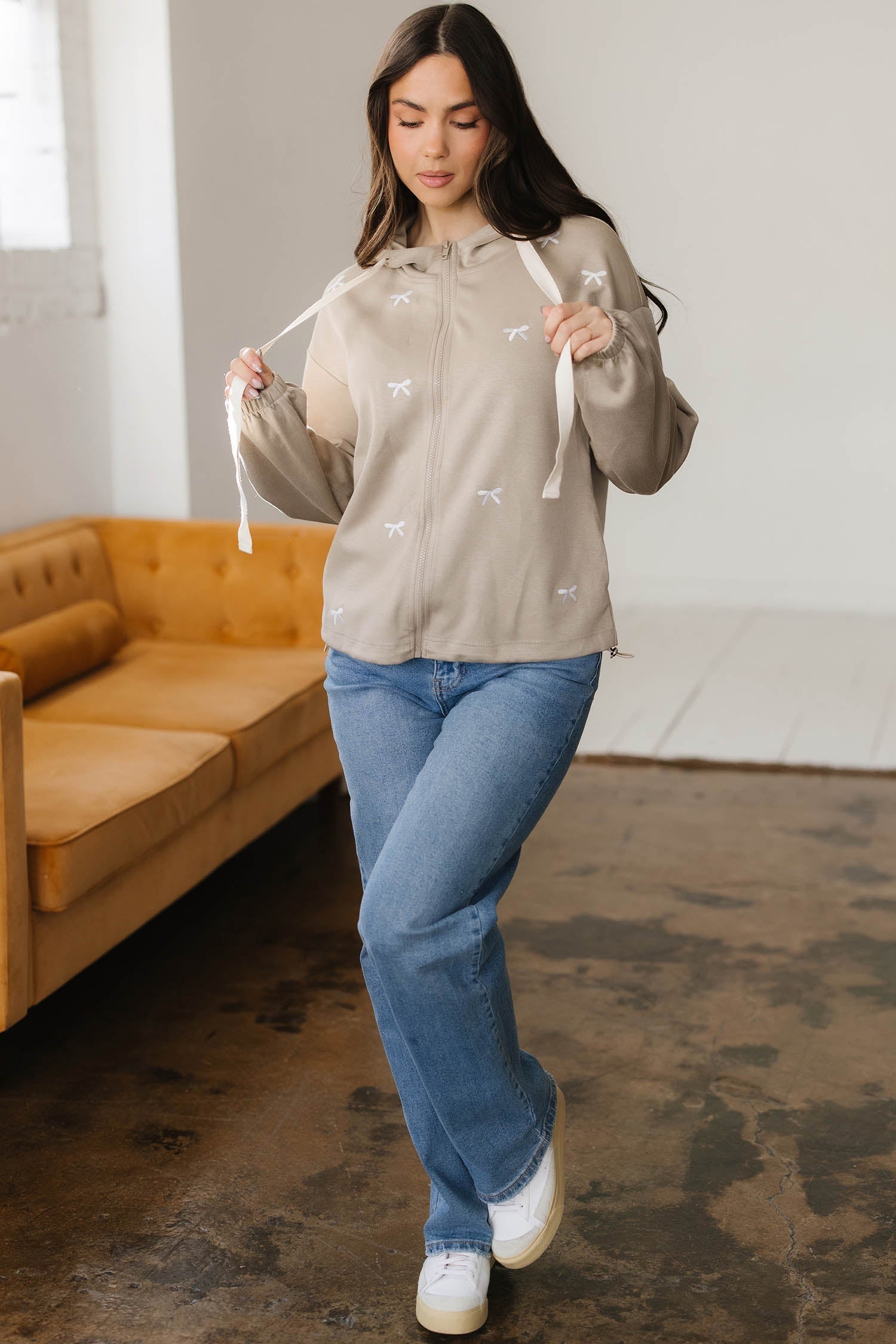Bow Embroidered Zip Up Jacket Hoodie - Tops/Sweatshirts & Hoodies