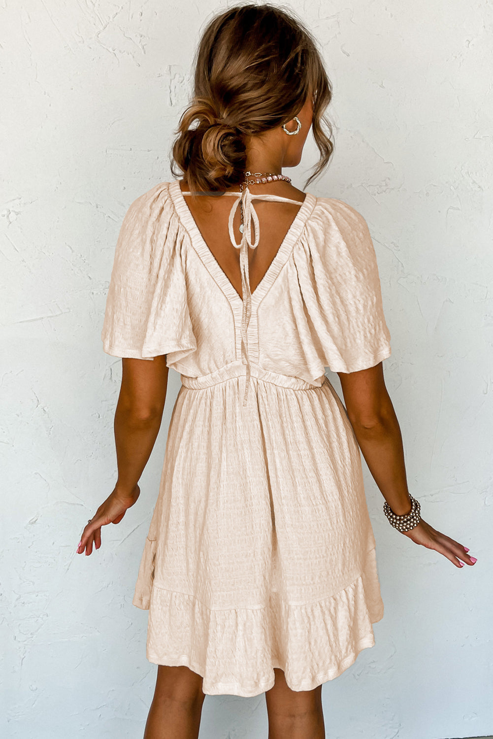 Beige Textured Deep V Neck Cutout Back Mini Dress eAura