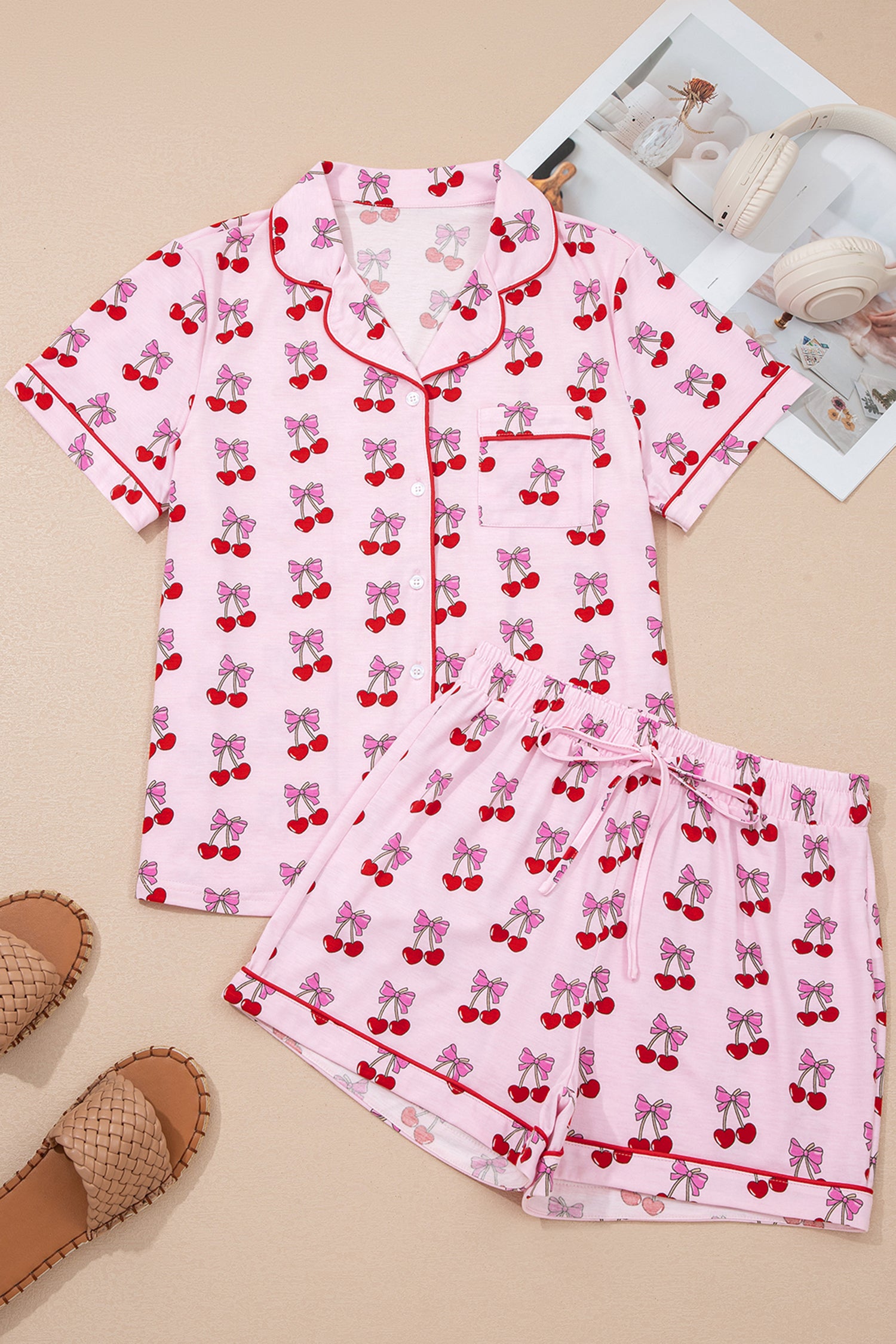Cherry/Bow Print Short Pajama Set – Pink