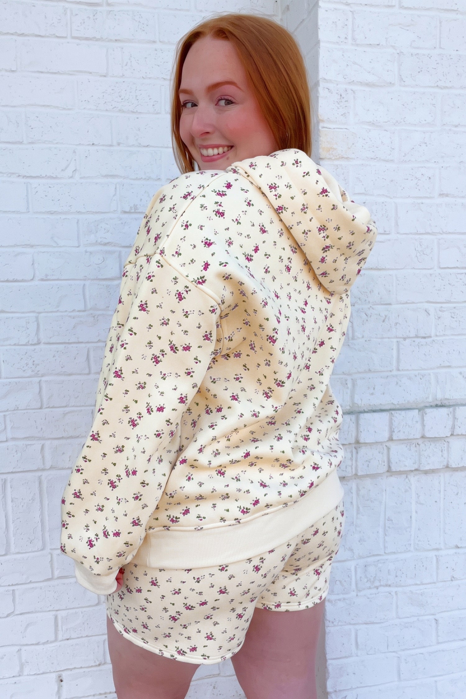 Floral Print Hooded Long Sleeve Plus Size Set – Beige