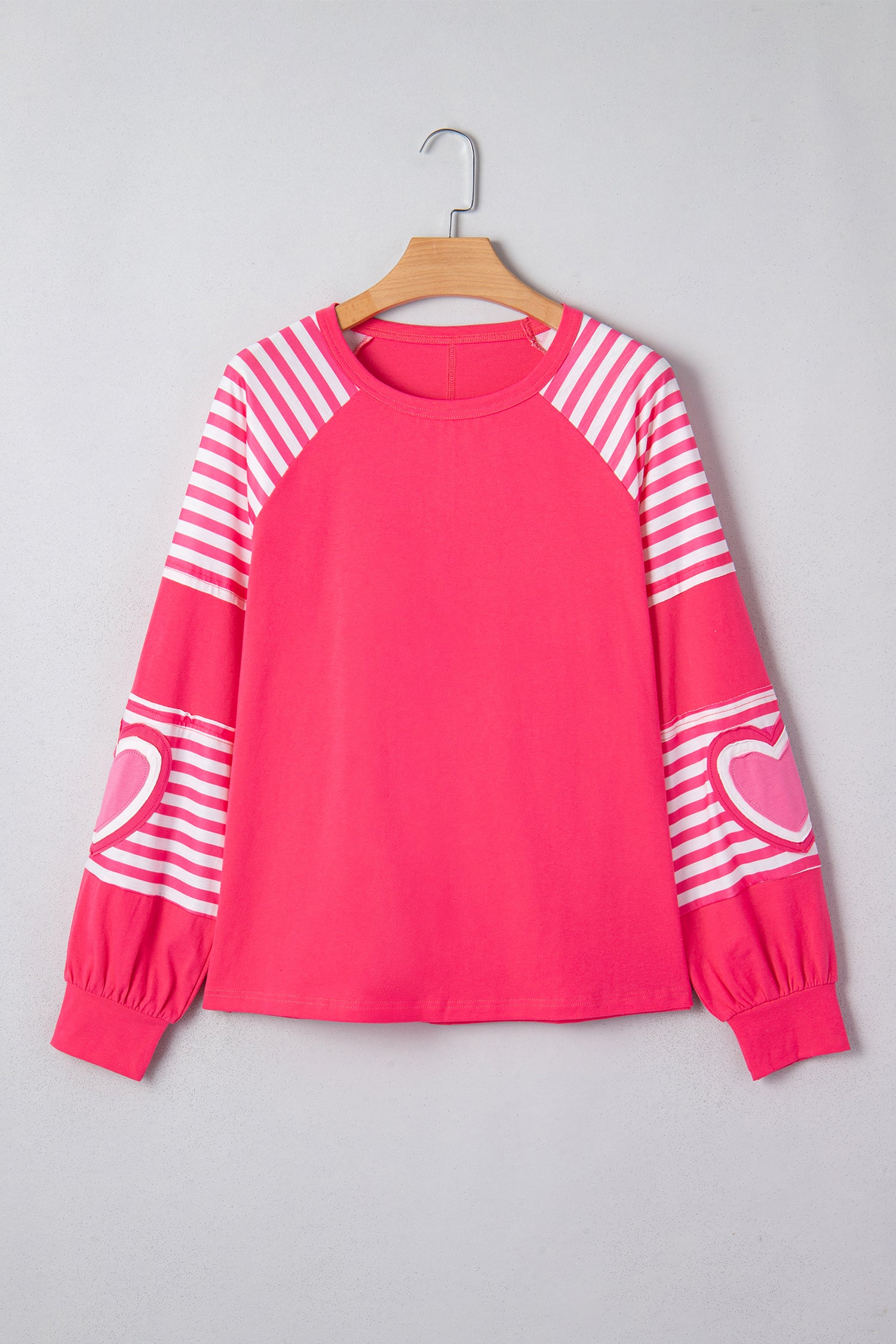 Pink Heart Shape Striped Patchwork Long Sleeve Loose Top - Tops/Long Tops