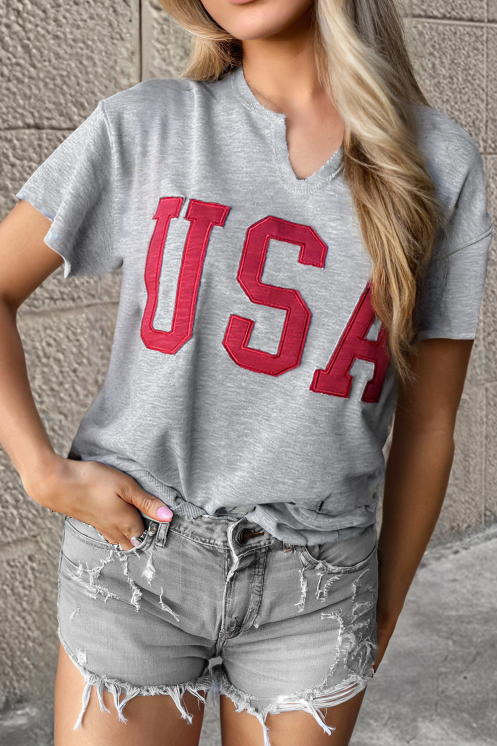 Black USA Lettering Patch Notched Neck Loose Tee - eAura