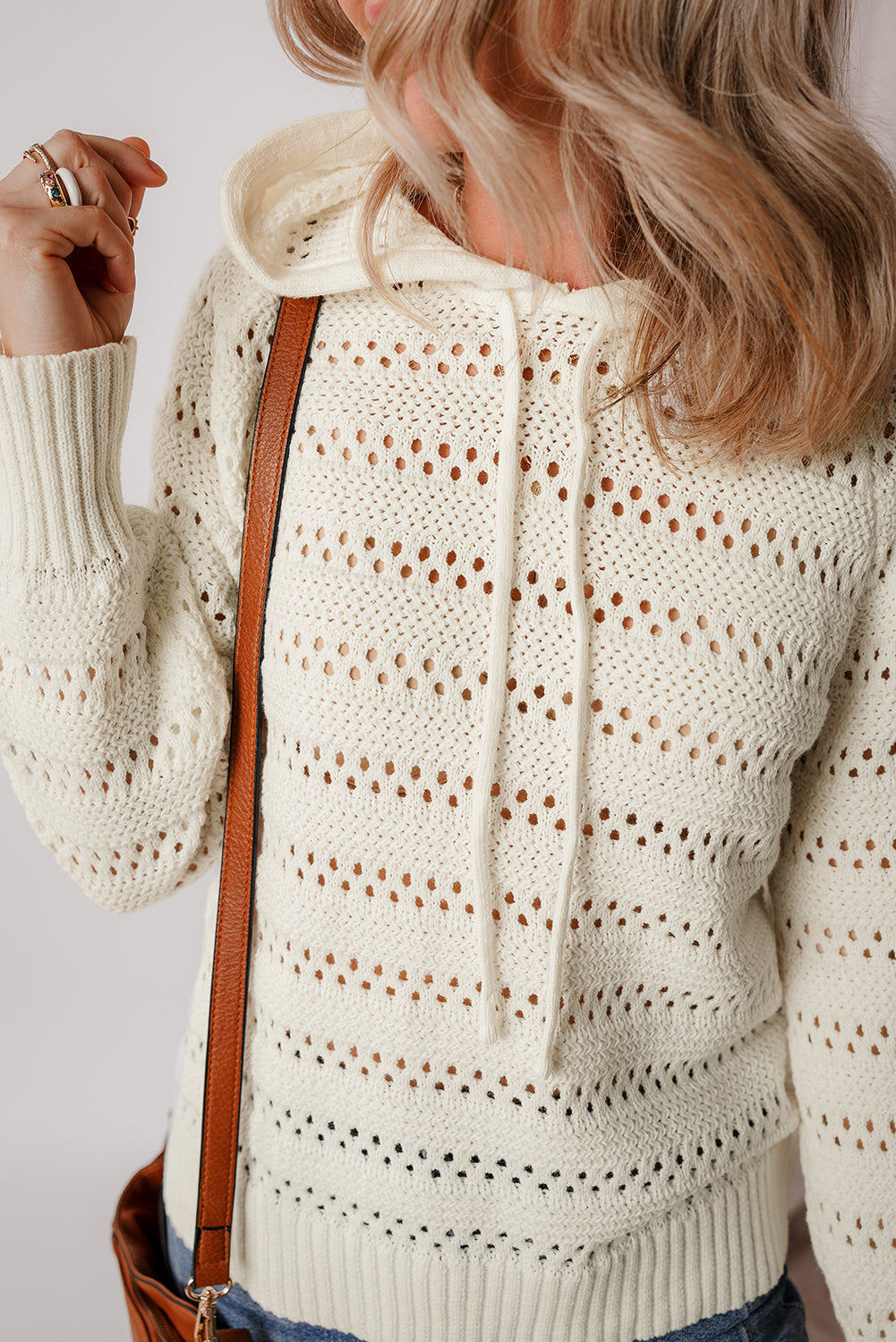 Peach Blossom Pointelle Knit Raglan Sleeve Hooded Sweater eAura