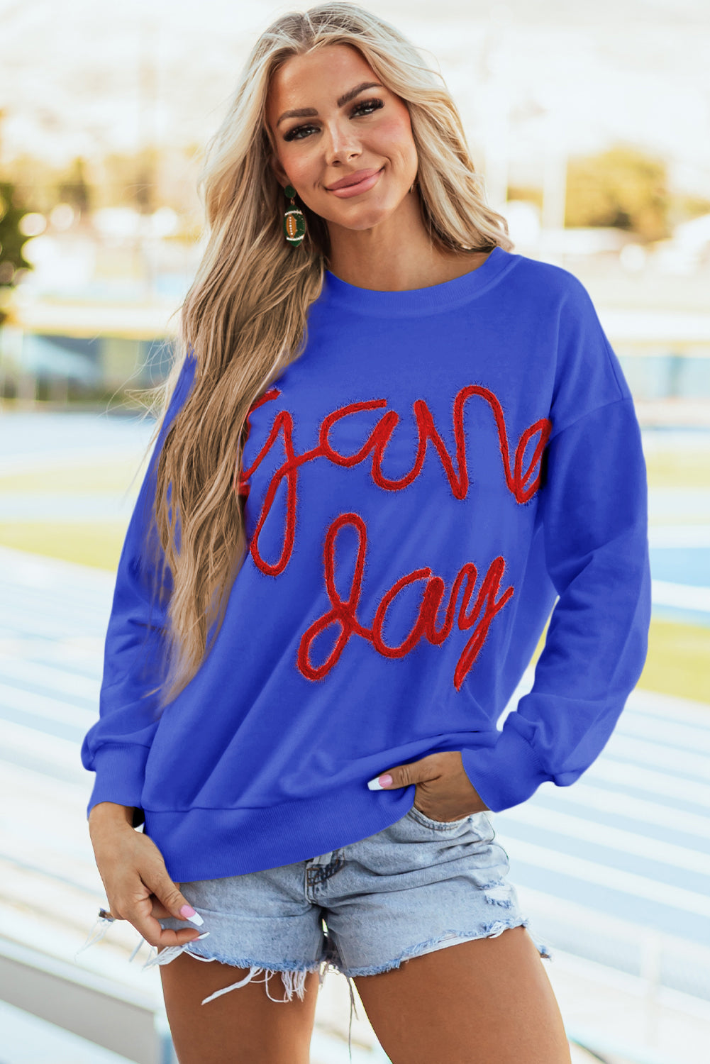 White Tinsel Game Day Drop Shoulder Graphic Sweatshirt eAura