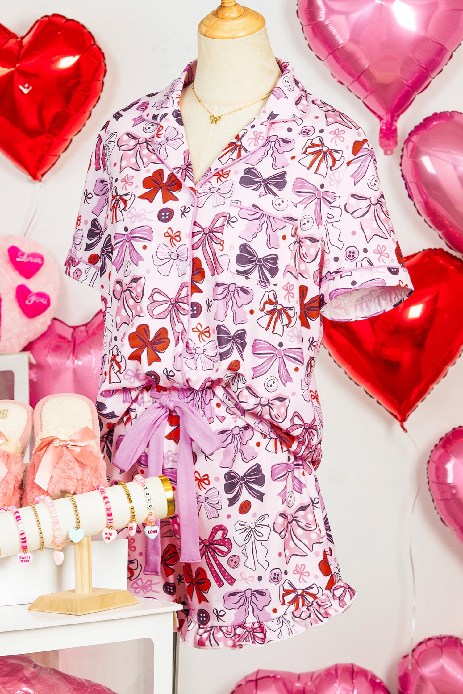 Cute Ribbon Bows Printed 2pcs Short Pajama Set – Pink