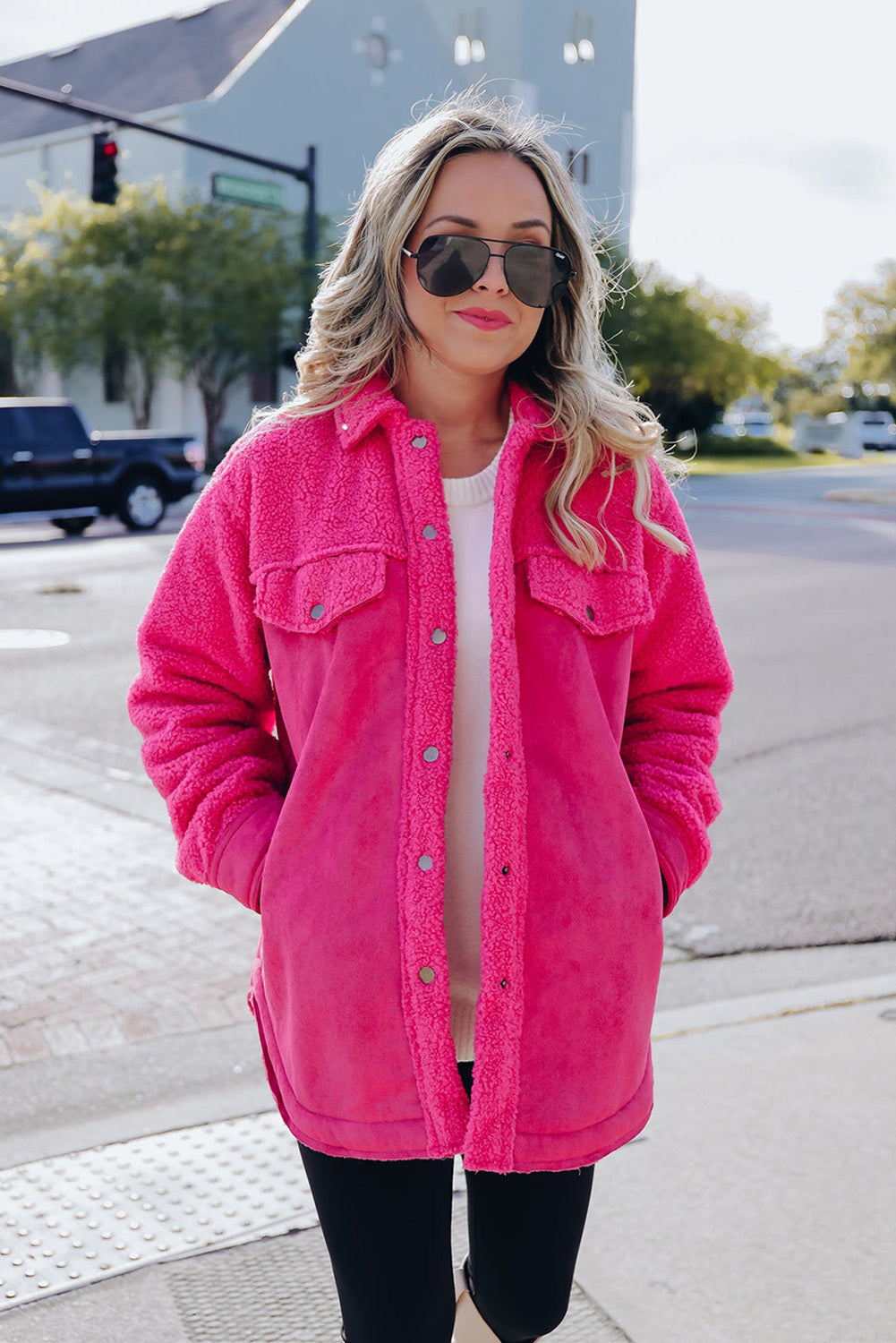 Bright Pink Faux Suede Sherpa Patchwork Button-up Shacket Beagle Boutique Fashion Outlet