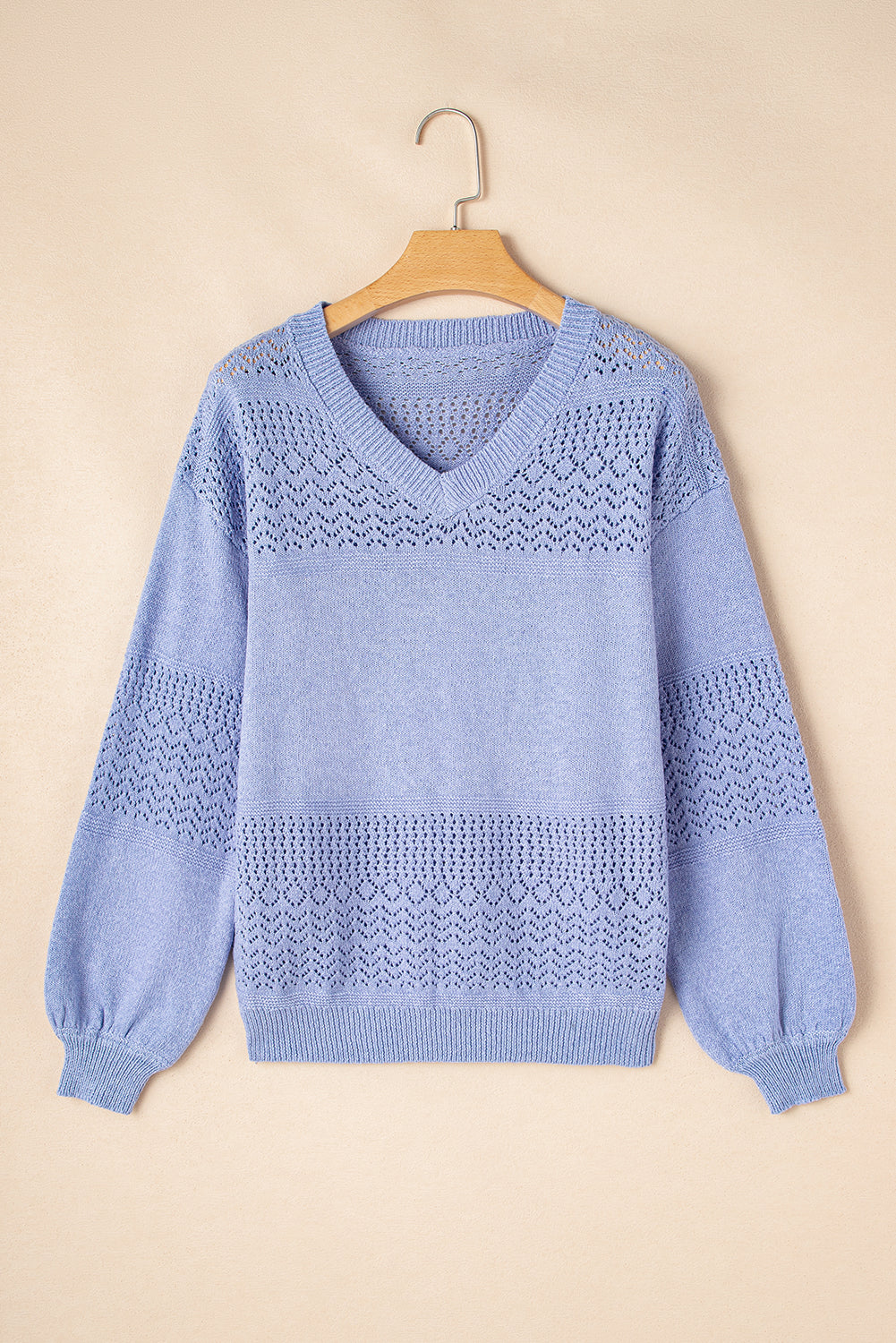 Sky Blue Eyelet Pattern Detail V Neck Drop Shoulder Sweater eAura