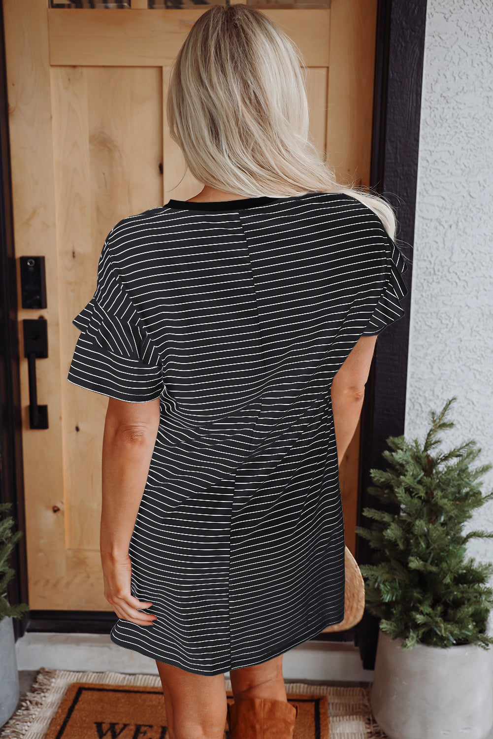 Black Stripe Ruffled Short Sleeve Crew Neck T Shirt Shift Mini Dress eAura