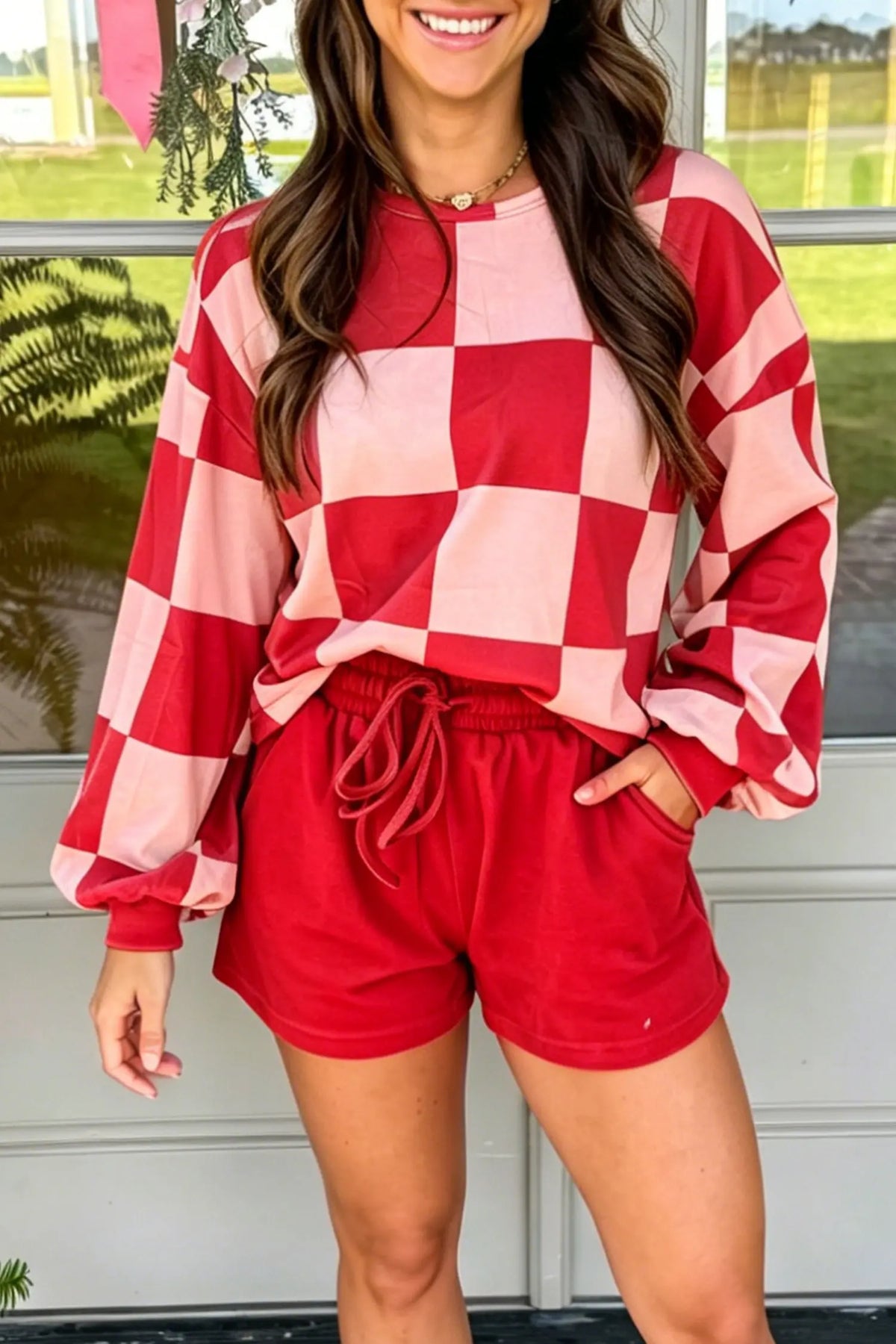 Checkerboard Plaid Long Sleeve Solid Colour Shorts 2pcs Set – Khaki