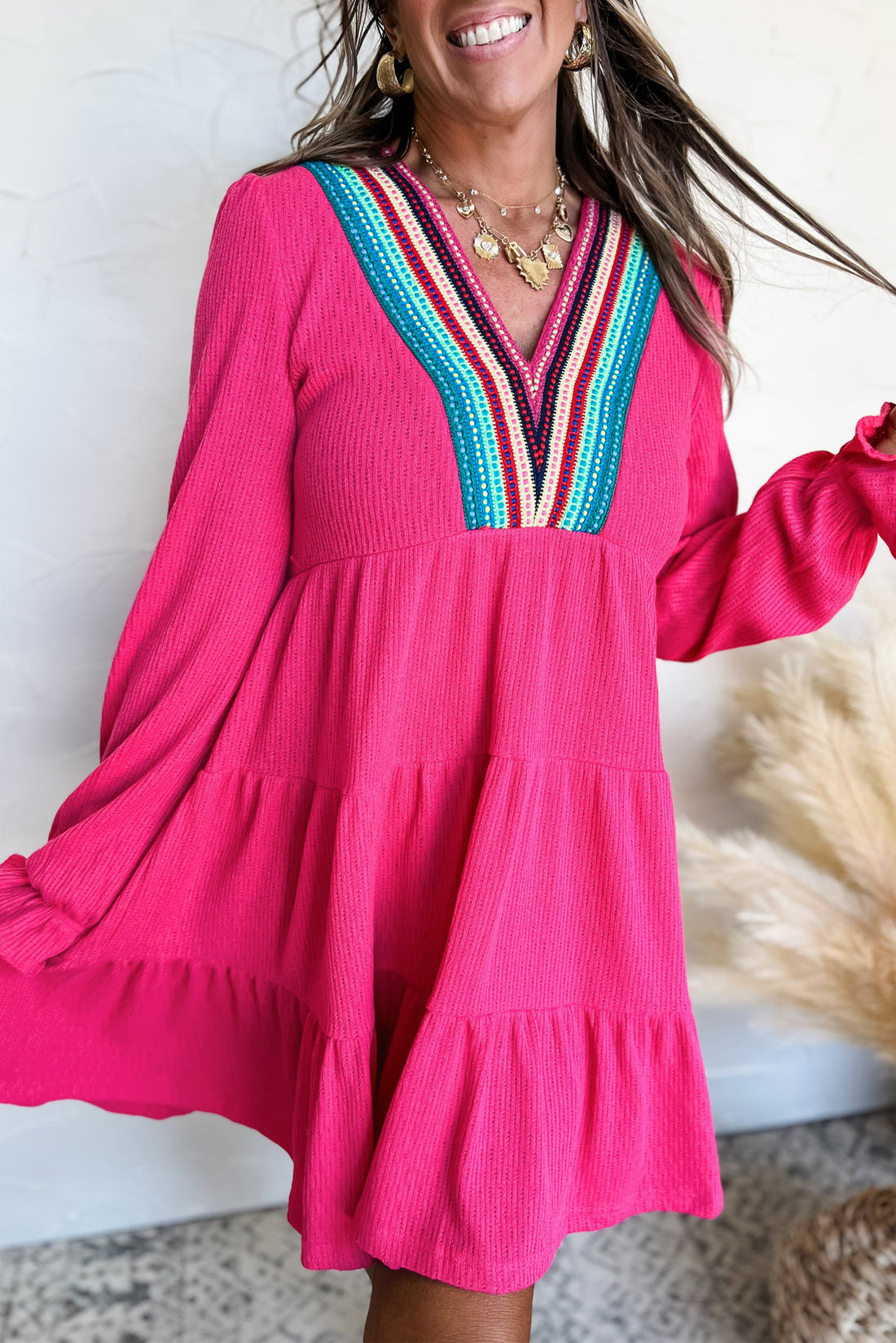 Rose Red Colourful Crochet V Neck Textured Tiered Ruffled Long Sleeve Mini Dress eAura