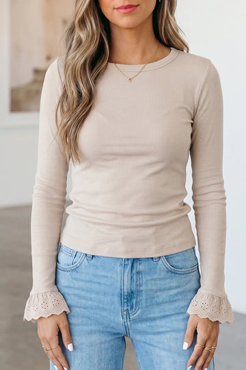 Jet Stream Lace Cuff Patchwork Round Neck Long Sleeve Top – Cream