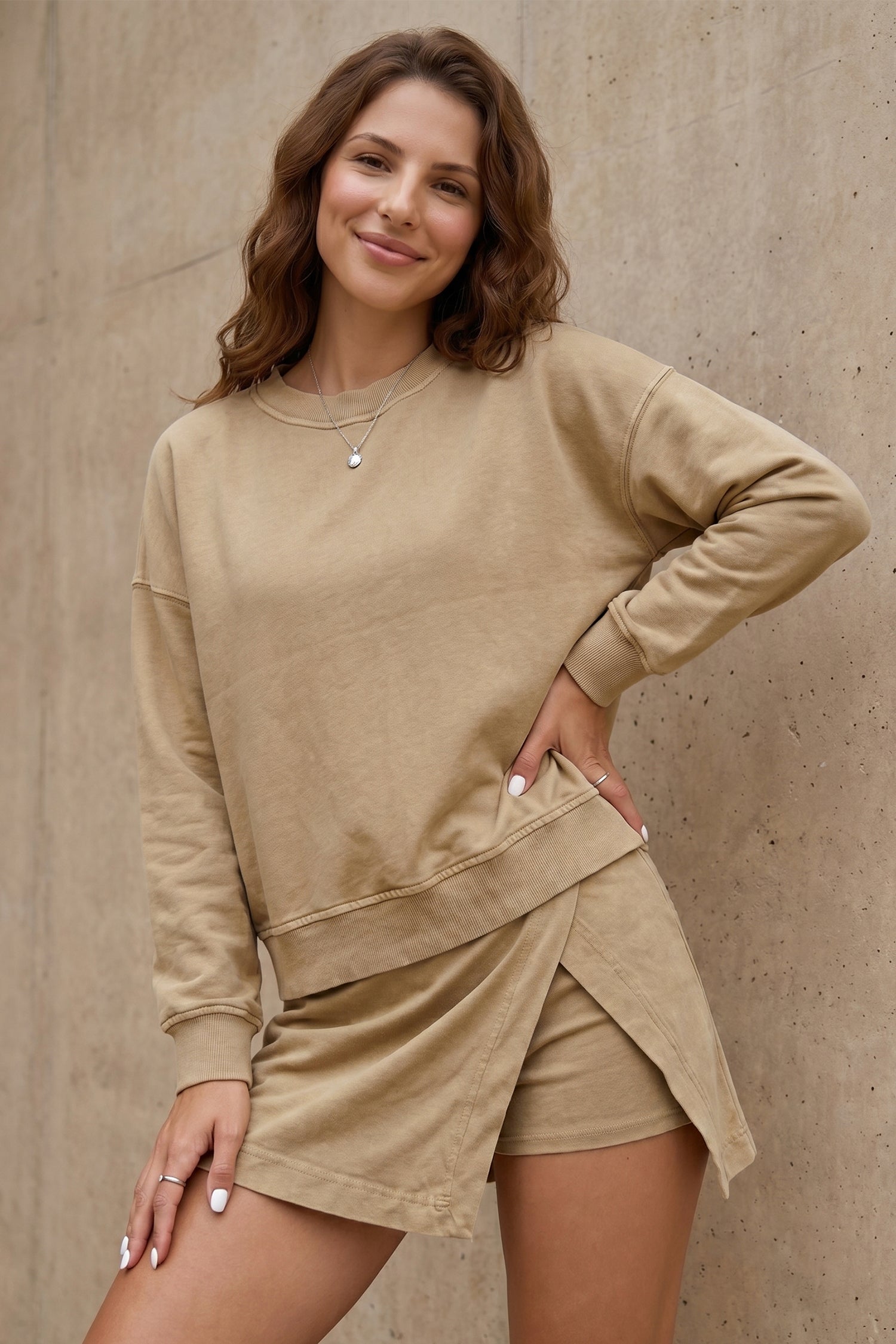 Solid Color Long Sleeve Top Split Skort 2pcs Outfit – Parchment