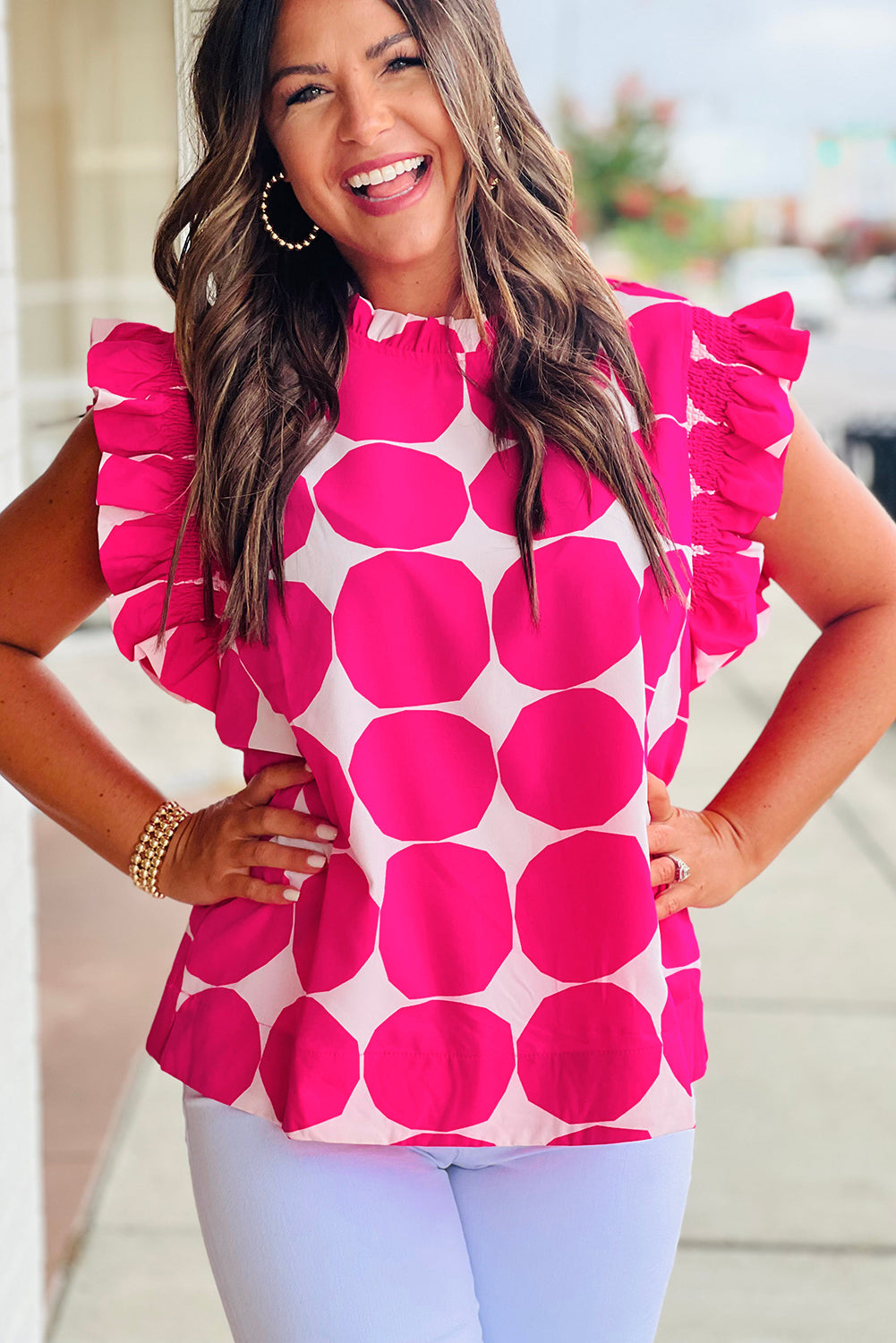 Rose Bubblegum Pattern Frilled Collar Flutter Sleeve Top eAura