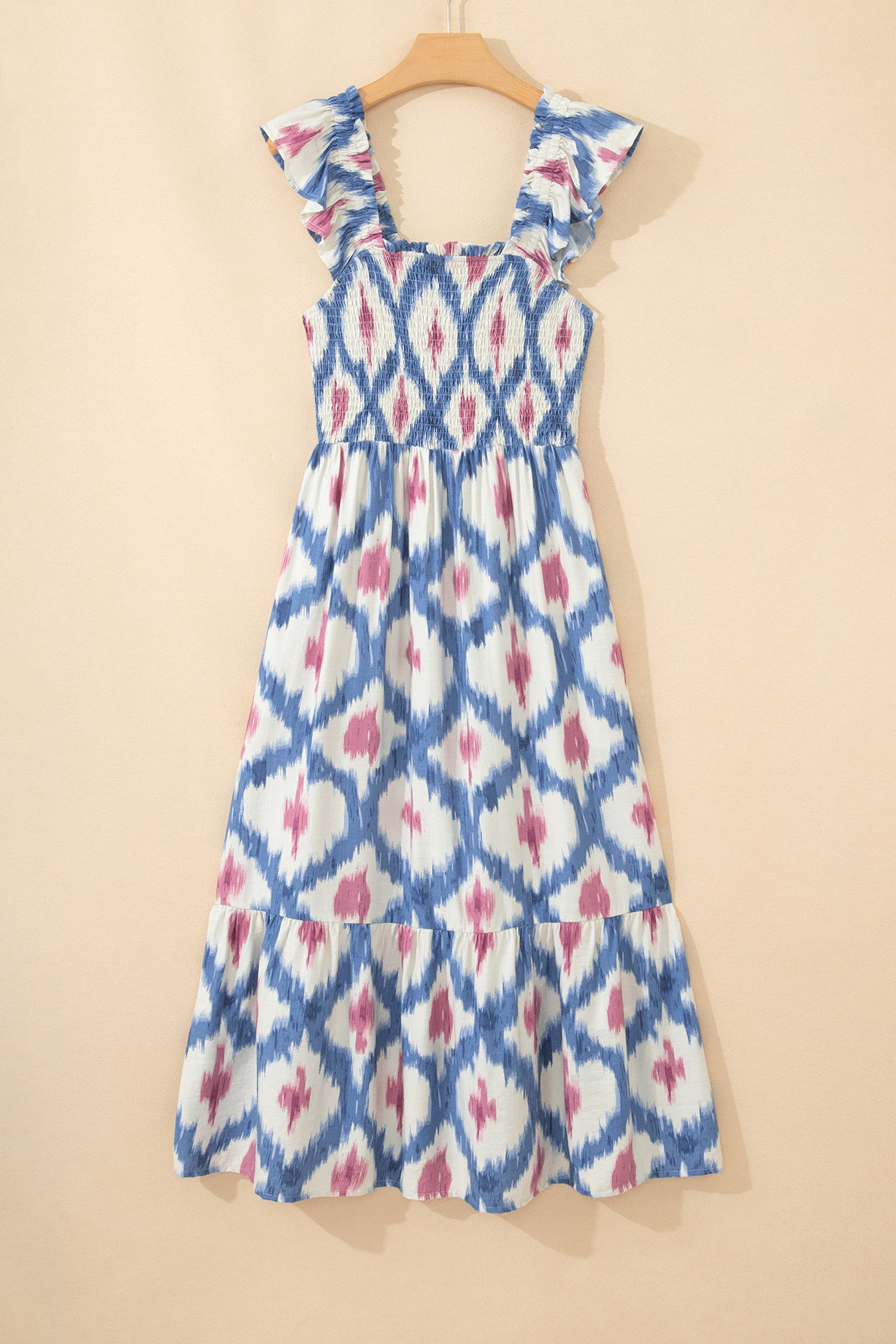 Geometric Print Square Neck Smocked High Waist Ruffle Sleeve Dress