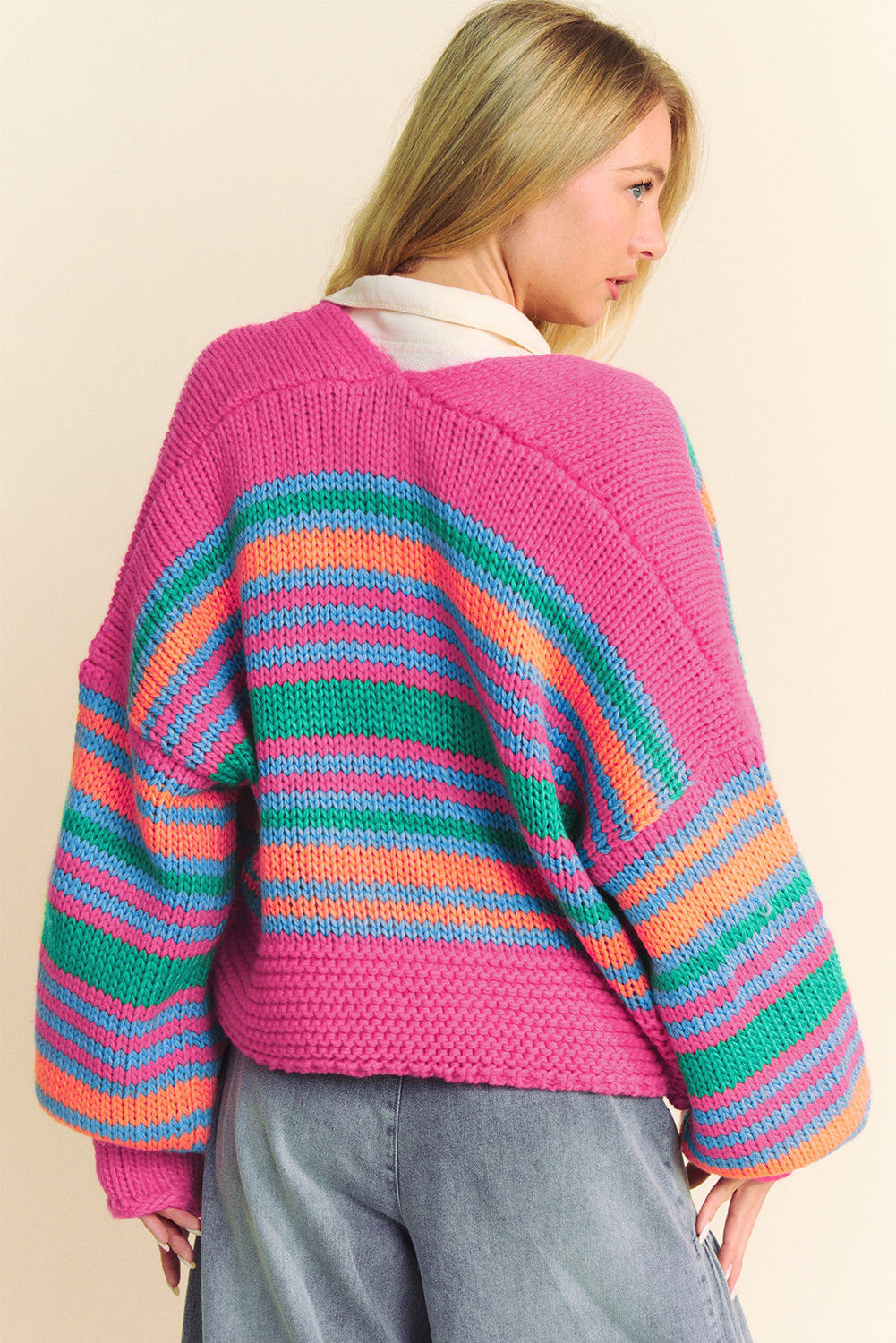 Rose Stripe Colourful Puff Sleeve Drop Shoulder Loose Cardigan eAura