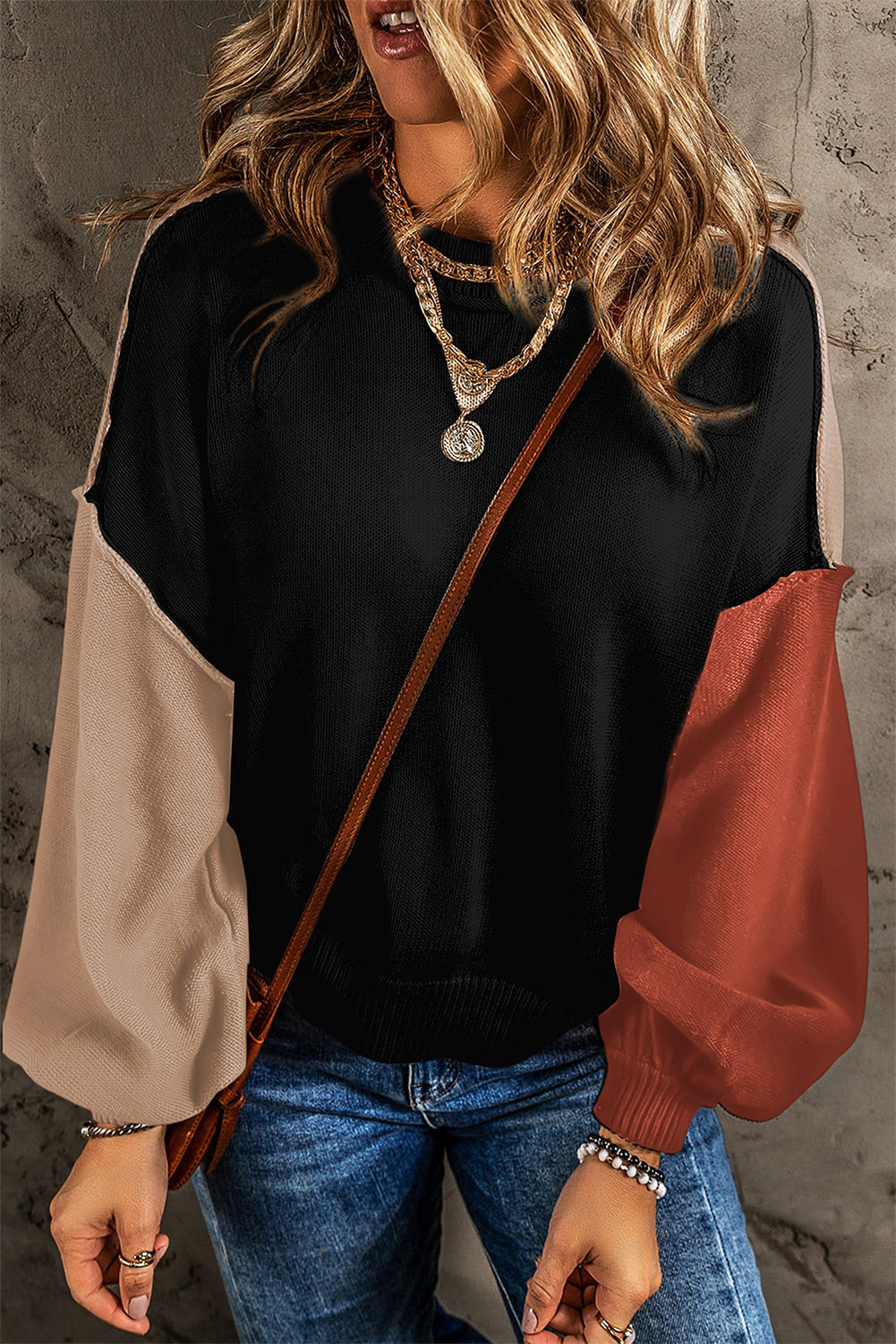 Pink Colourblock Bishop Sleeve Ribbed Trim Sweater eAura