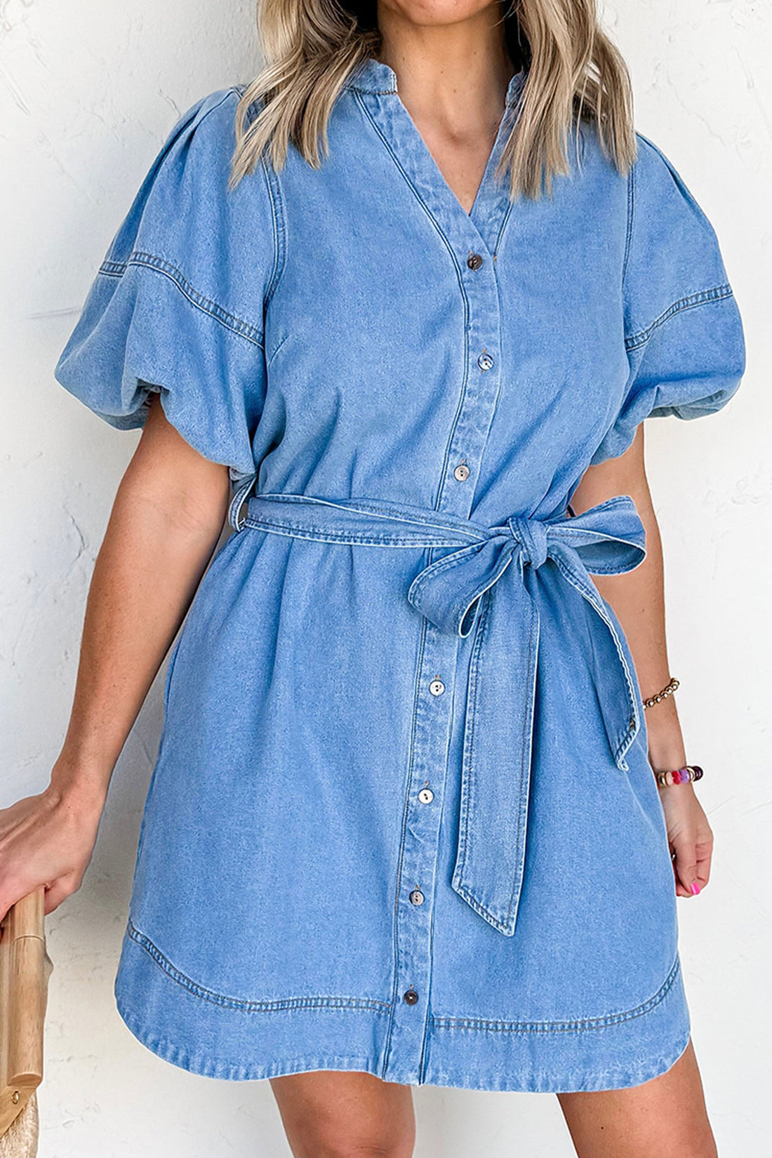 Short Puff Sleeve Shirt Denim Dress with Belt