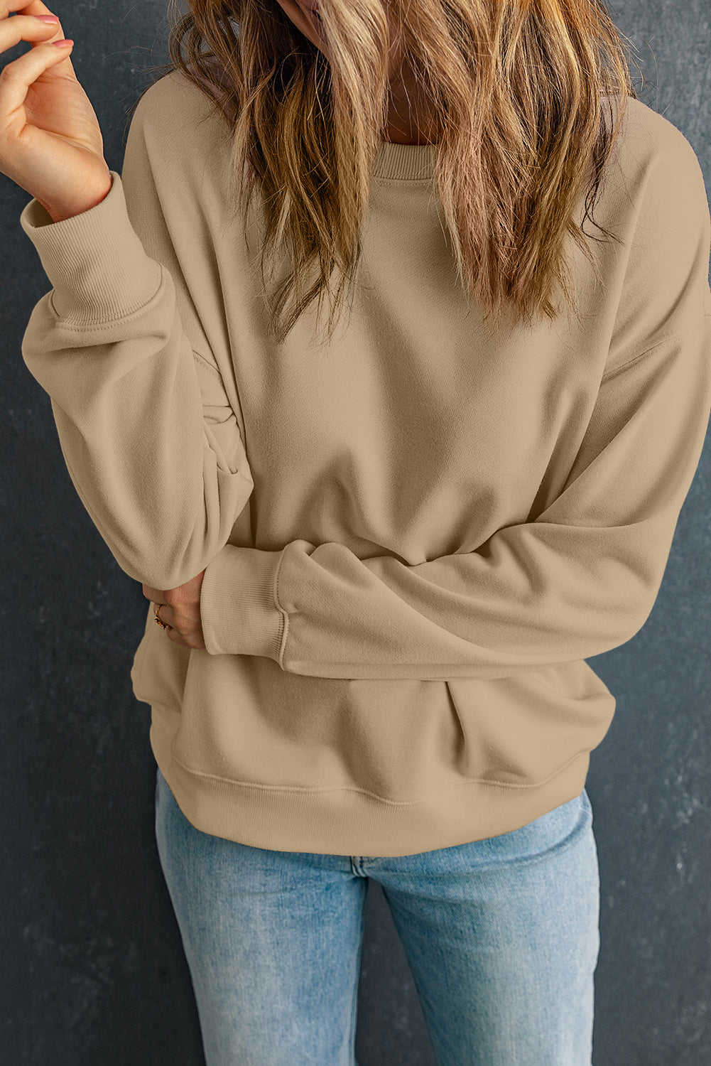 Khaki Solid Classic Crewneck Pullover Sweatshirt eAura