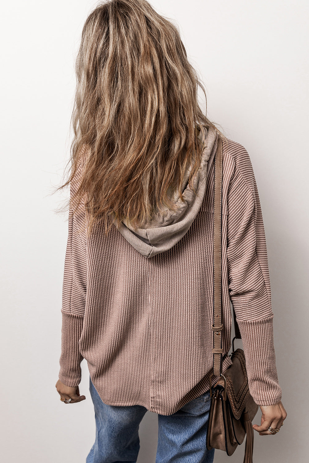 Dark Brown Flap Pocket Patchwork Ribbed Drawstring Hoodie eAura
